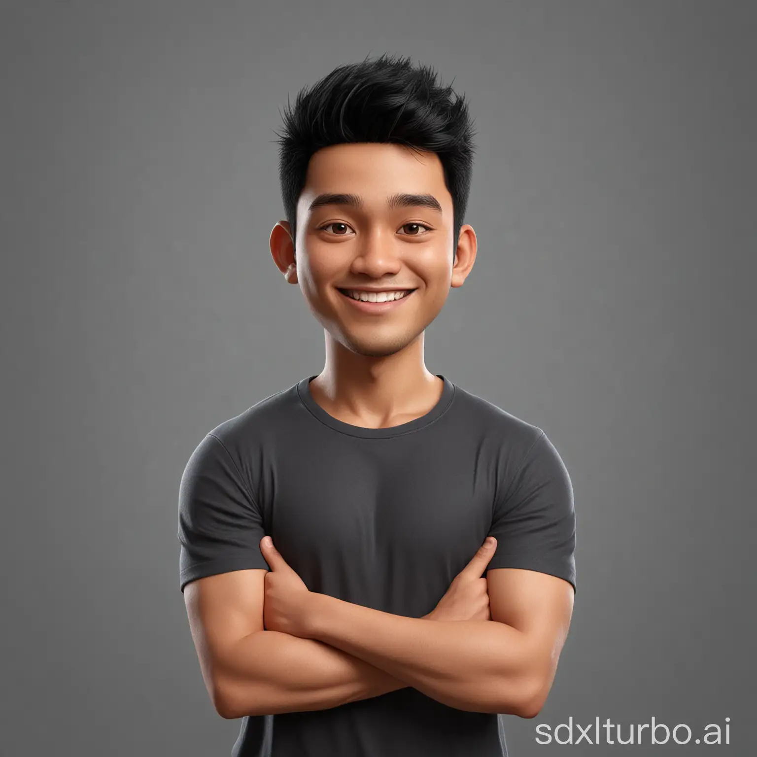 Hyperrealistic 3D Cartoon style character with big head. 24 year old Indonesian man, ideal body, black hair and black t-shirt. smiling at the camera with his arms in a ready position, gray background. Use soft photography lighting. Hair lighting, top lighting, side lighting, high quality photos, UHD, 16K