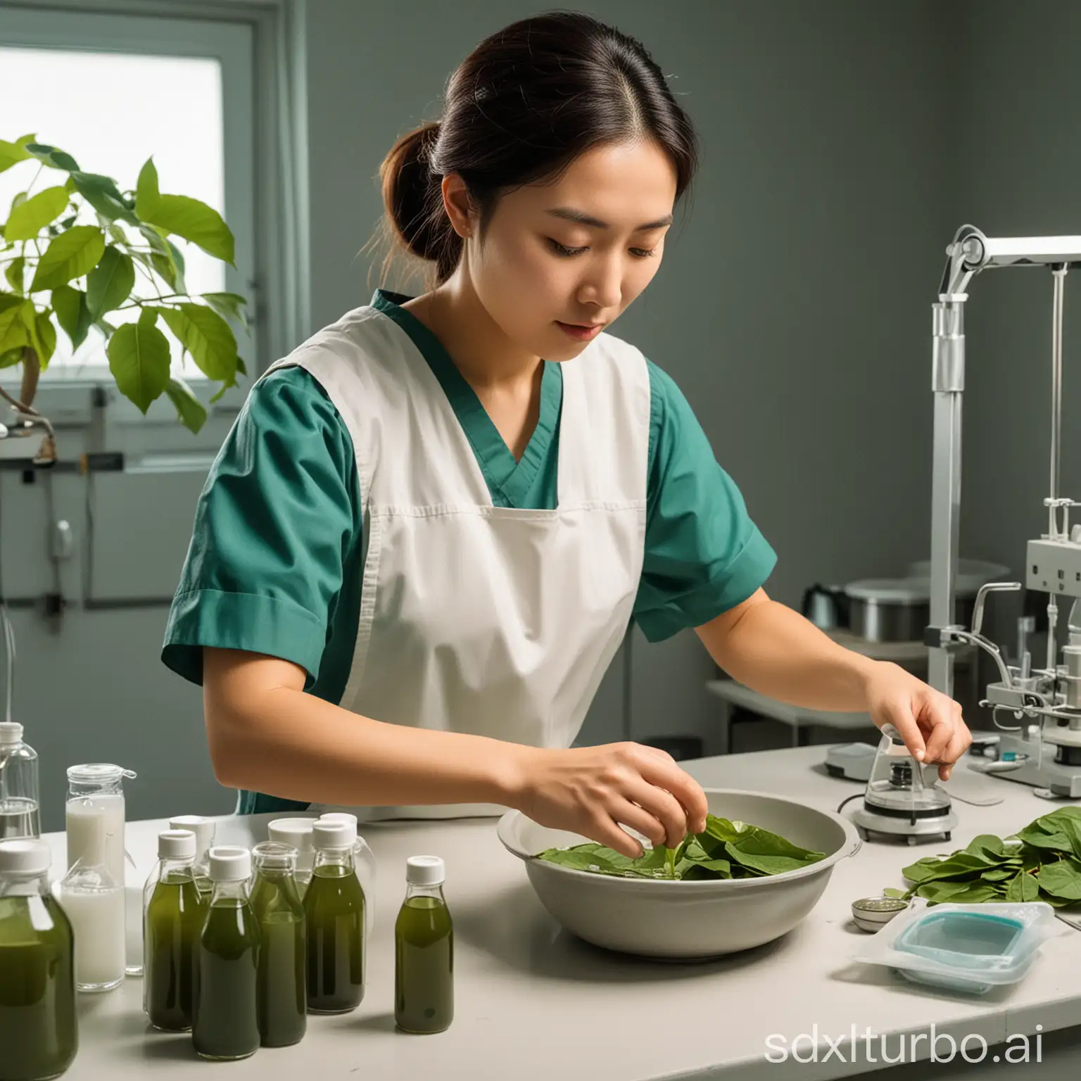 "An illustration detailing the extraction process from pawpaw leaves, in which a Korean woman starts by soaking 100 g of pawpaw leaves in 1 litre of 10%20 hydrogen peroxide solution and stirring for 60 minutes. The soaked leaves are then sonicated at 40 kHz for 30 minutes for primary extraction. After the primary extraction, the extract is irradiated with 50 kGy of gamma radiation for a secondary extraction. The final step is to obtain the pawpaw extract through filtration and concentration. The scene is set in a scientific laboratory, with various laboratory equipment depicted."