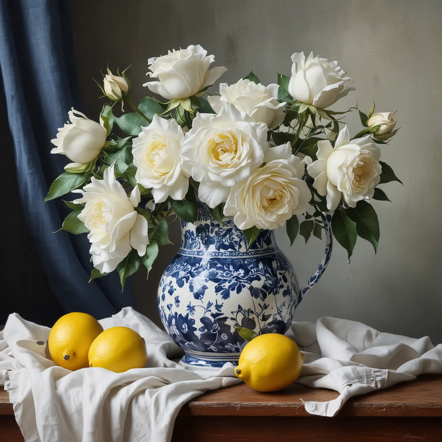 A STILL LIFE PAINTING OF A BLUE AND WHITE PITCHER WITH WHITE ROSES A CLOTH AND LEMONS