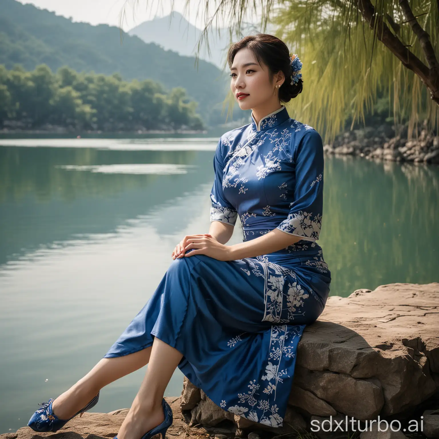 A woman sitting by the lake wearing a qipao in a mid-blue color