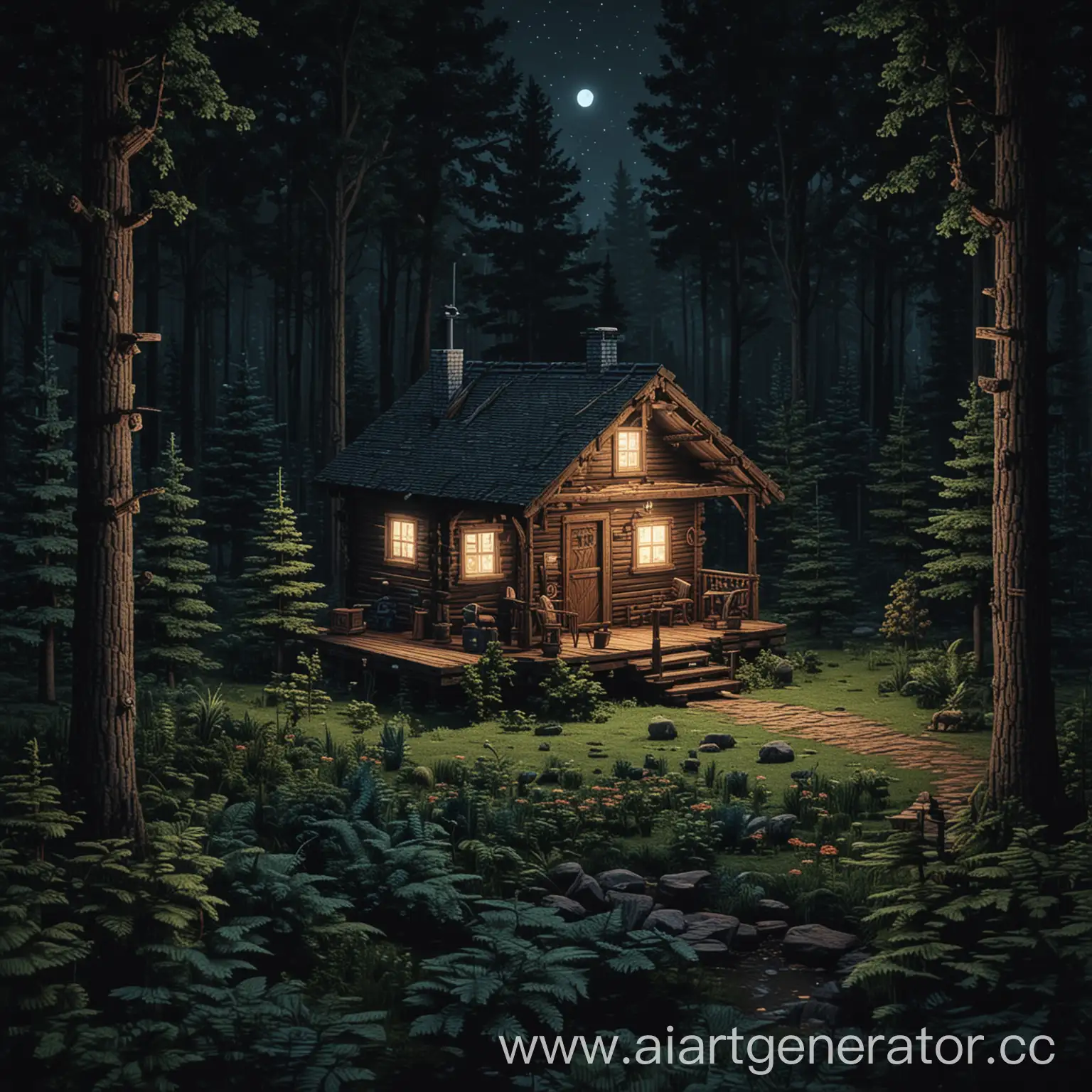 Cozy-Pixel-Cabin-Nestled-in-Enchanted-Night-Forest