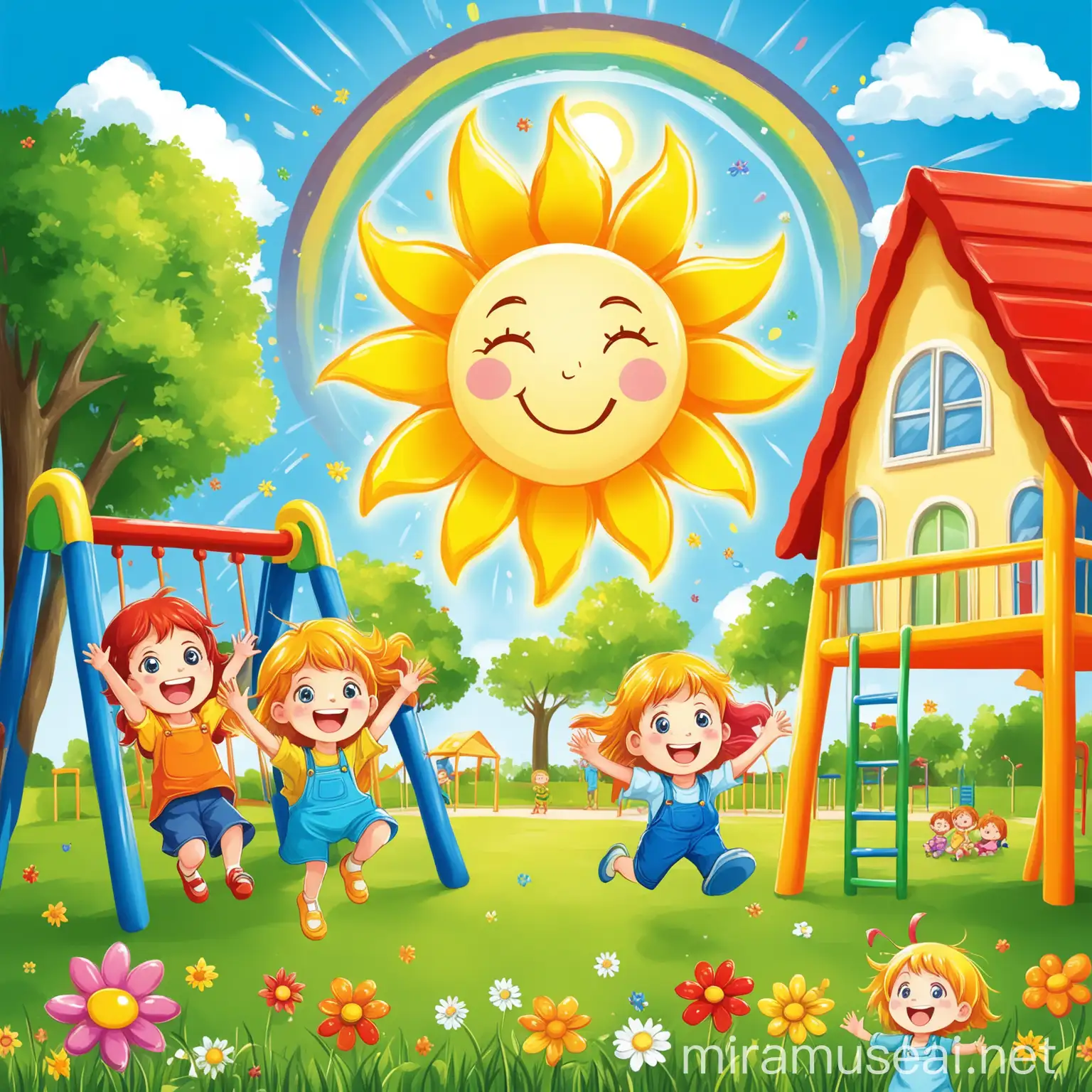 Create a vibrant and cheerful banner for a kindergarten with the theme "Sunshine". The banner should feature a large, smiling sun with rays radiating outwards, surrounded by happy children playing and laughing. Include elements like colorful flowers, green grass, and a clear blue sky. The overall design should be engaging, fun, and welcoming, evoking a sense of warmth and happiness. Ensure the style is bright and colorful, suitable for a playful and joyful environment on children's playground verandas.