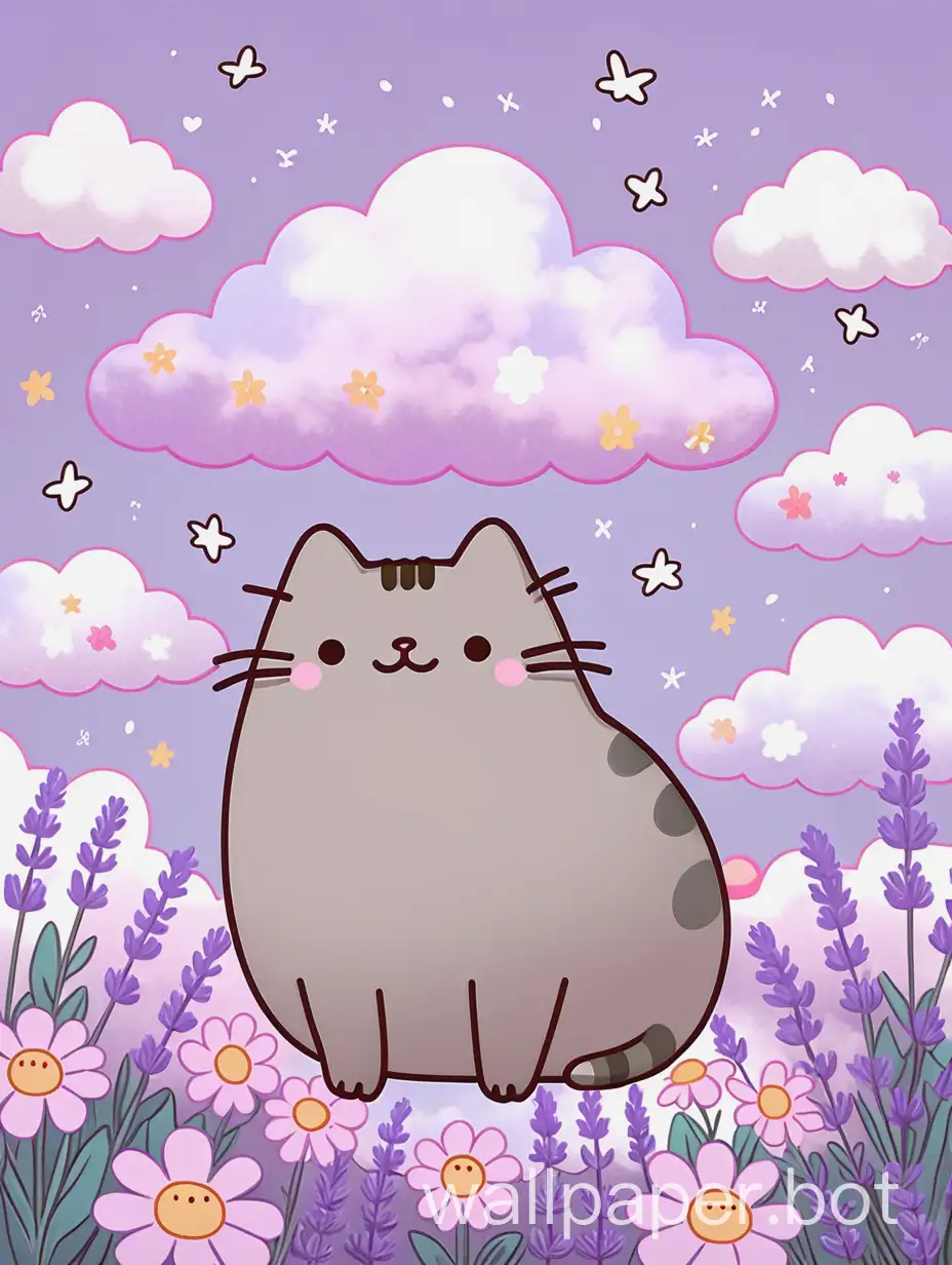 flowery clouds with pusheen and lavender