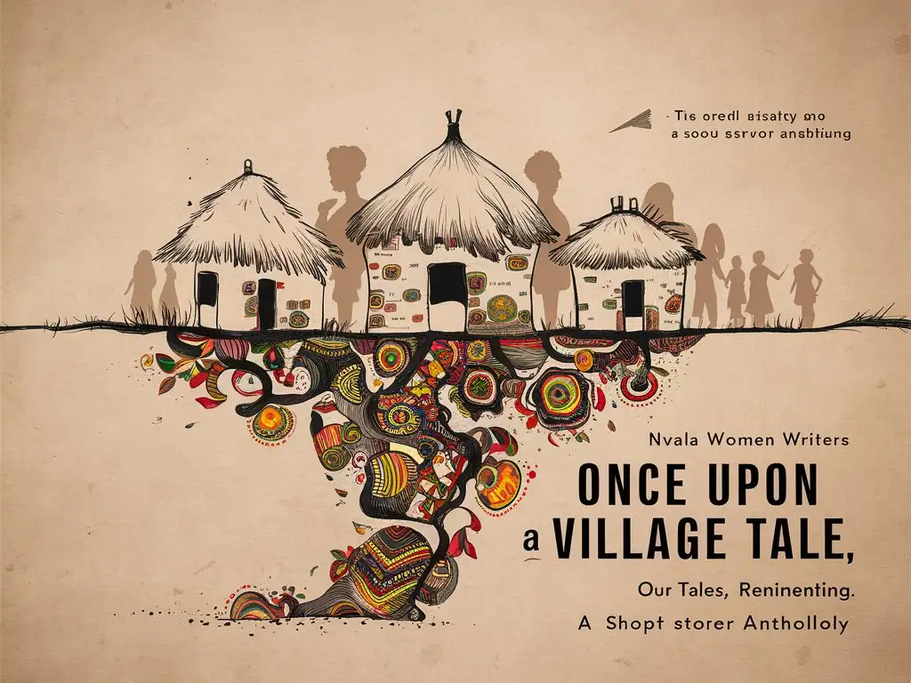 minimalistic design, full book cover, African mythology and folklore, showcasing pencil drawing of african village with huts infused with mythology in colour, and african symbolic elements Flowing out of the bottom rising to the top in full colour. african women silhouette infused, Title 'Once Upon A Village Tale' Author "Nwala Women Writers" subtitle "Our Tales, Reimagined" notes on cover 'Short Story Anthology'