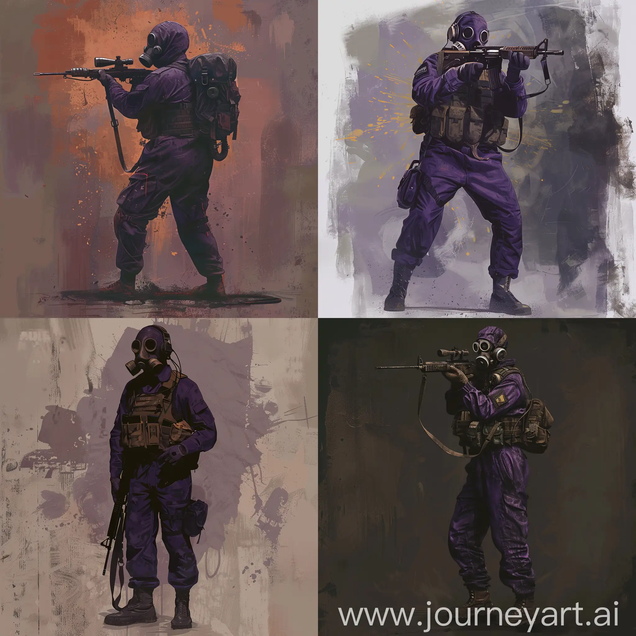 Concept art, digital design, 1978 year SAS operator, dark purple military jumpsuit, gasmask on his face, small military backpack, military unloading on his body, sniper rifle in his hands.