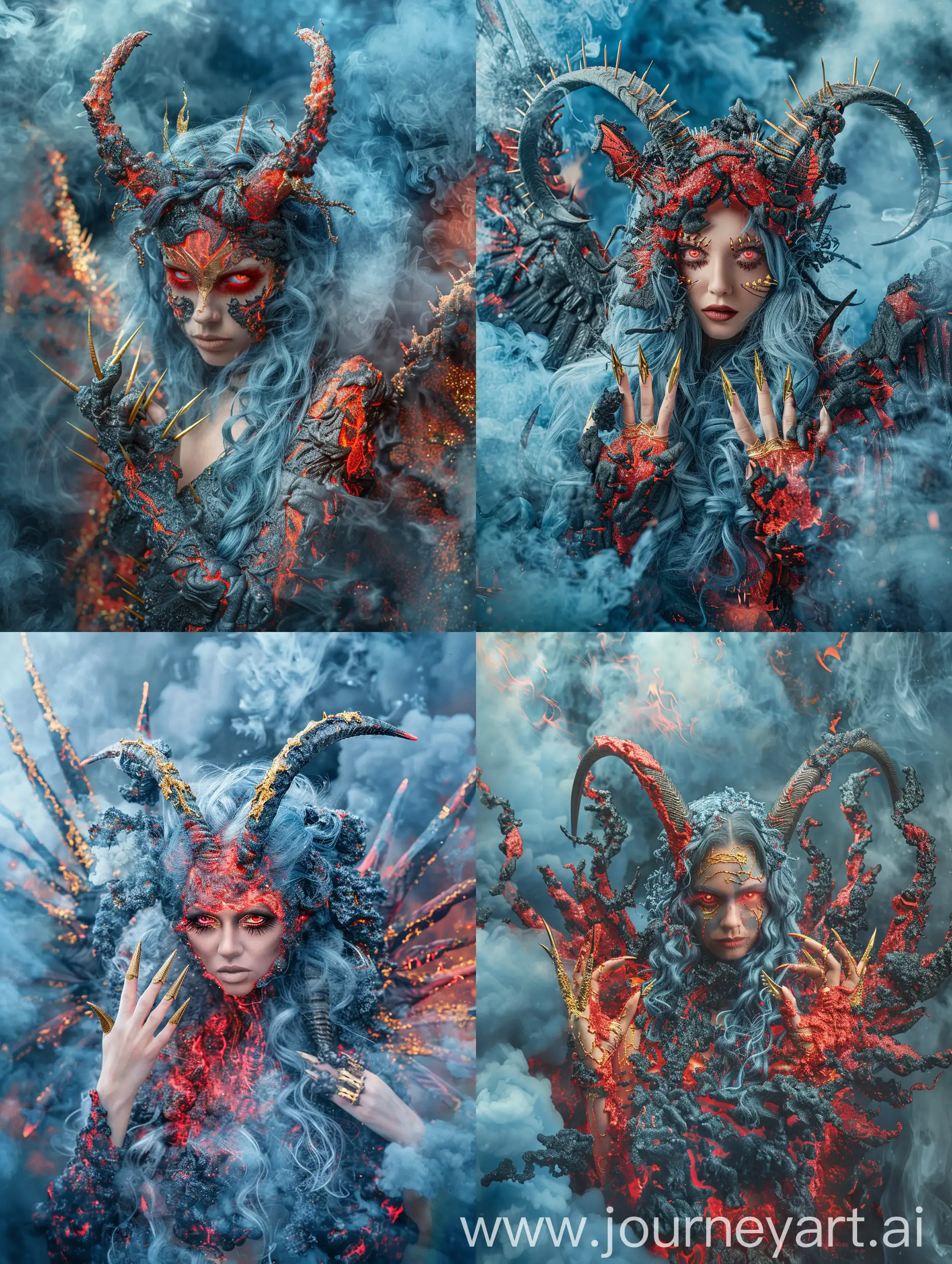Photography, a beautiful woman, made of red and black lava, has goat horns on her head, has long grayish blue hair, fingers with sharp and pointed gold nails, has wings, all the lava is wrapped in gold, red eyes, horns Covered in gold, wings with characteristic lava with gold spines, the work is enveloped in very thick blue to gray smoke, a thick background of fire and smoke.

