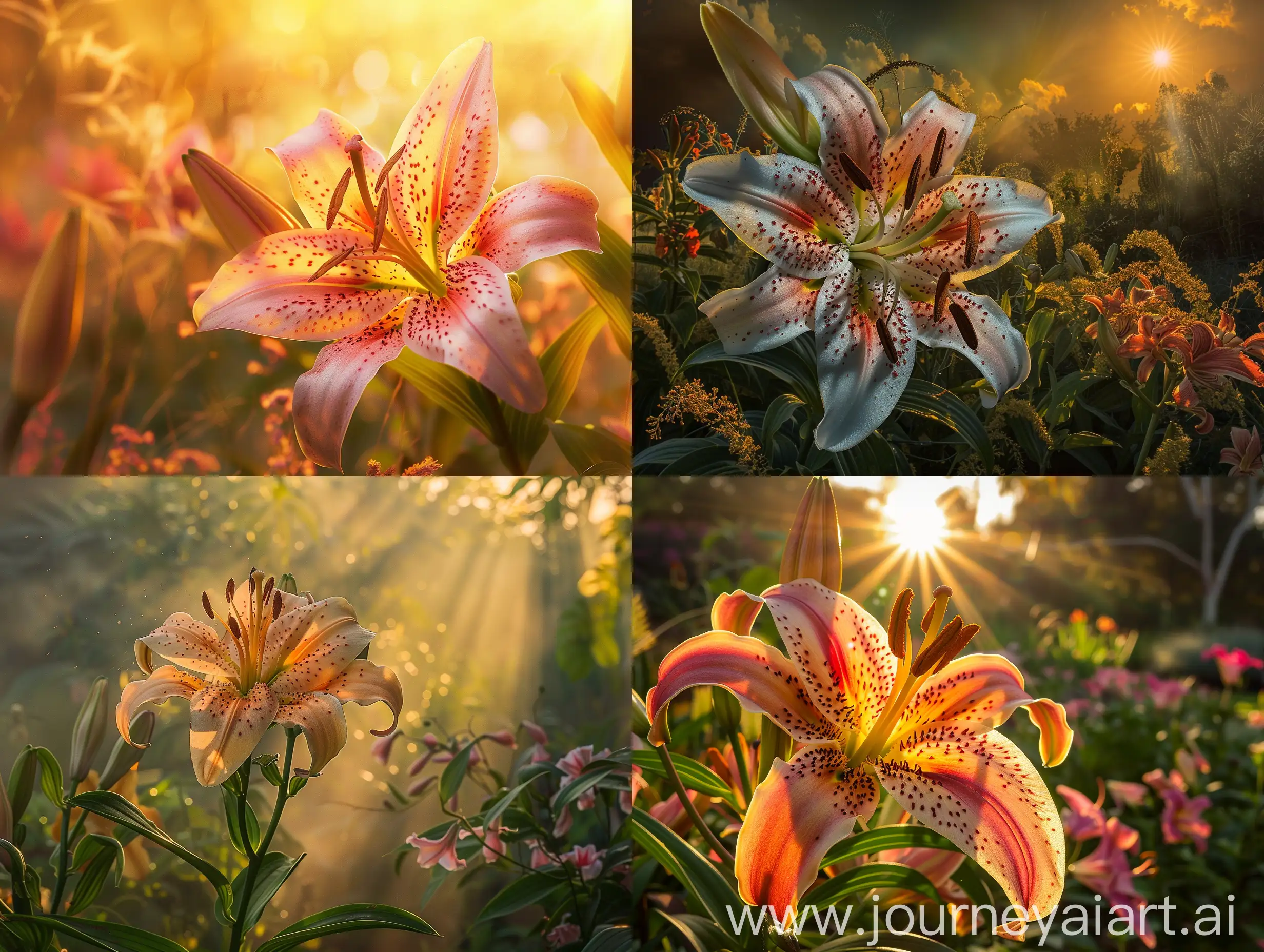 High detailed photo capturing a Lily, Oriental Magic Star. The sun, casting a warm, golden glow, bathes the scene in a serene ambiance, illuminating the intricate details of each element. The composition centers on a Lily, Oriental Magic Star. A lily with a stunning flower, a true specimen that creates the sweetest lily aroma ever enjoyed in a garden. The intense flower will be a magnet for your eye; base your entire gardening around this focal point, all planting should evolve around this Magi. The image evokes a sense of tranquility and natural beauty, inviting viewers to immerse themselves in the splendor of the landscape. --ar 16:9 