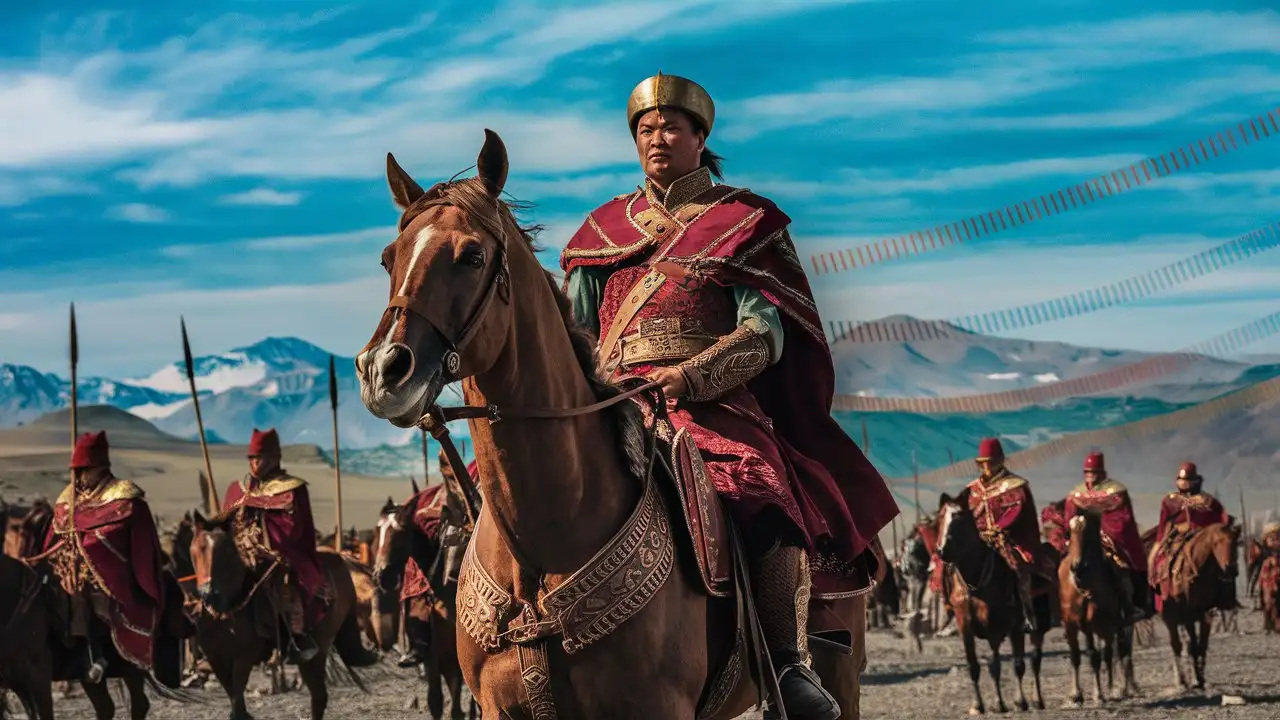 A imagem mostra Genghis Khan montado em seu cavalo, com os olhos fixos no horizonte enquanto lidera suas tropas em uma campanha militar. Ao fundo, vemos a vastidão das estepes mongóis estendendo-se até onde a vista alcança, com tendas nômades pontilhando a paisagem.

As cores da imagem refletem a grandiosidade e a seriedade do tema, com tons de dourado e bronze destacando-se contra o céu azul profundo e as montanhas ao longe. As vestes de Genghis Khan são ricamente detalhadas, mostrando sua posição de liderança e autoridade.

Ao redor de Genghis Khan, vemos soldados montados em seus cavalos, prontos para a batalha, e tendas de guerra erguidas para abrigar os guerreiros durante suas campanhas. No horizonte, as cidades e fortalezas que seriam alvo das conquistas mongóis são vislumbradas, destacando a expansão territorial do império.

Em primeiro plano, uma figura anônima olha para Genghis Khan com uma mistura de admiração e temor, representando o impacto duradouro da liderança e do legado de Genghis Khan na história mundial.

Instruções para a Inteligência Artificial:

Capturar a essência da grandiosidade e da seriedade do tema.
Detalhar as vestes e os equipamentos dos personagens para refletir sua posição e papel na narrativa.
Criar uma composição equilibrada que destaque Genghis Khan e sua liderança, bem como os elementos da paisagem e da campanha militar mongol.
Utilizar cores e tons que transmitam a atmosfera épica e histórica do Império Mongol e do legado de Genghis Khan.
Instruções Finais para os Espectadores:

Inscreva-se no canal para mais conteúdo histórico e educativo.
Deixe um like se gostou da imagem e compartilhe com amigos e familiares.
Comente abaixo sobre o que achou da representação do legado de Genghis Khan na imagem.