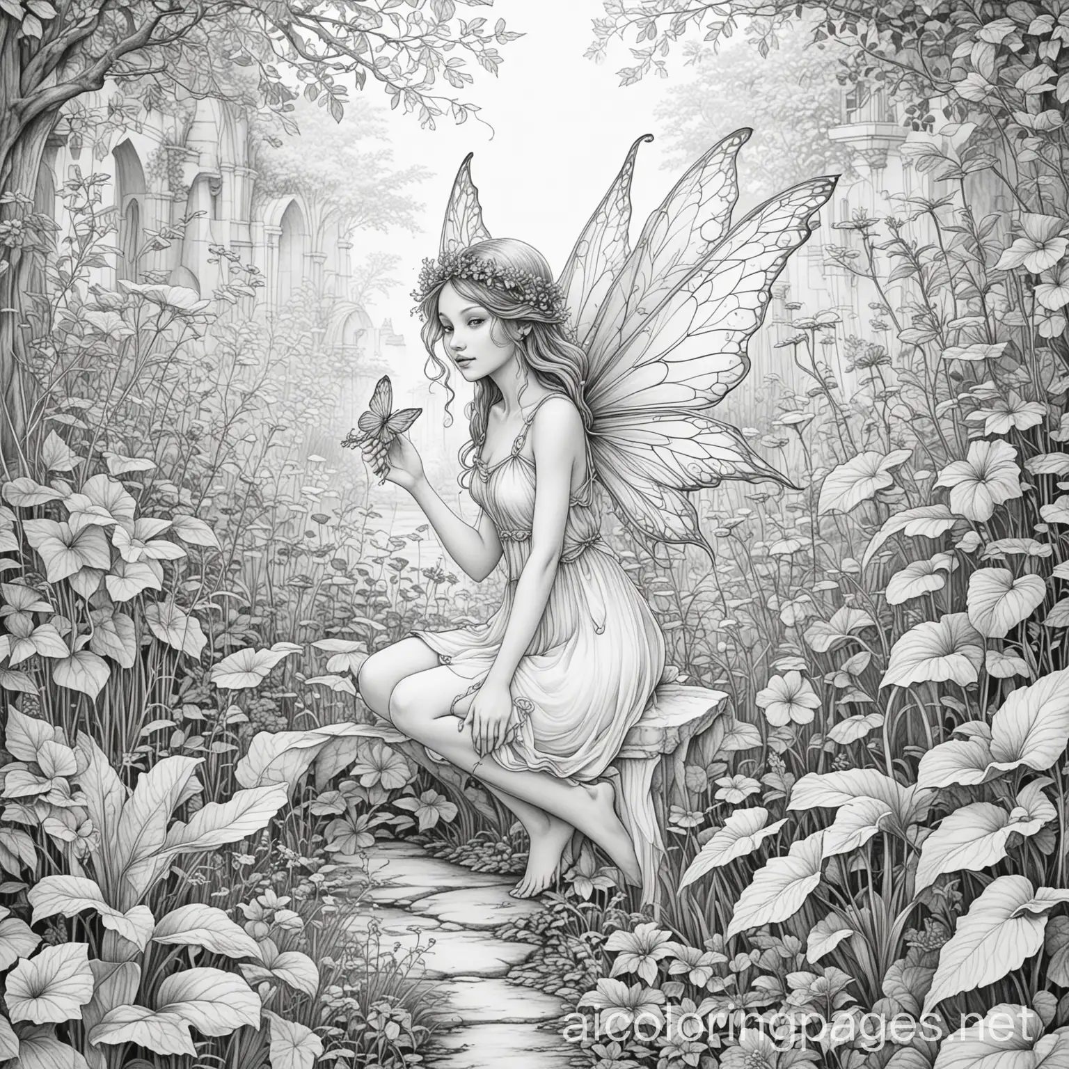 a single fairy in a secret garden
, Coloring Page, black and white, line art, white background, Simplicity, Ample White Space. The background of the coloring page is plain white to make it easy for young children to color within the lines. The outlines of all the subjects are easy to distinguish, making it simple for kids to color without too much difficulty