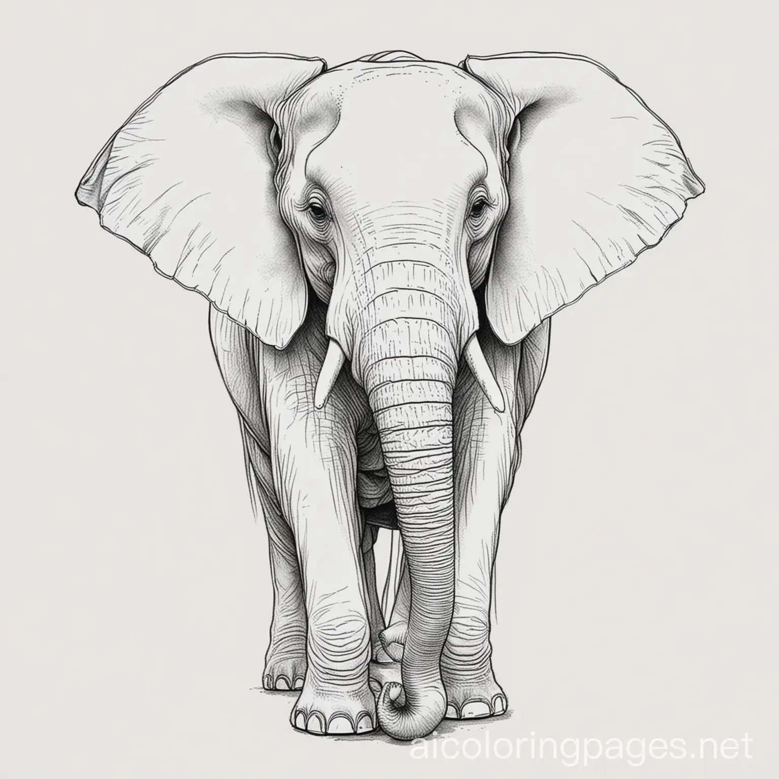 an elephant, Coloring Page, black and white, line art, white background, Simplicity, Ample White Space. The background of the coloring page is plain white to make it easy for young children to color within the lines. The outlines of all the subjects are easy to distinguish, making it simple for kids to color without too much difficulty