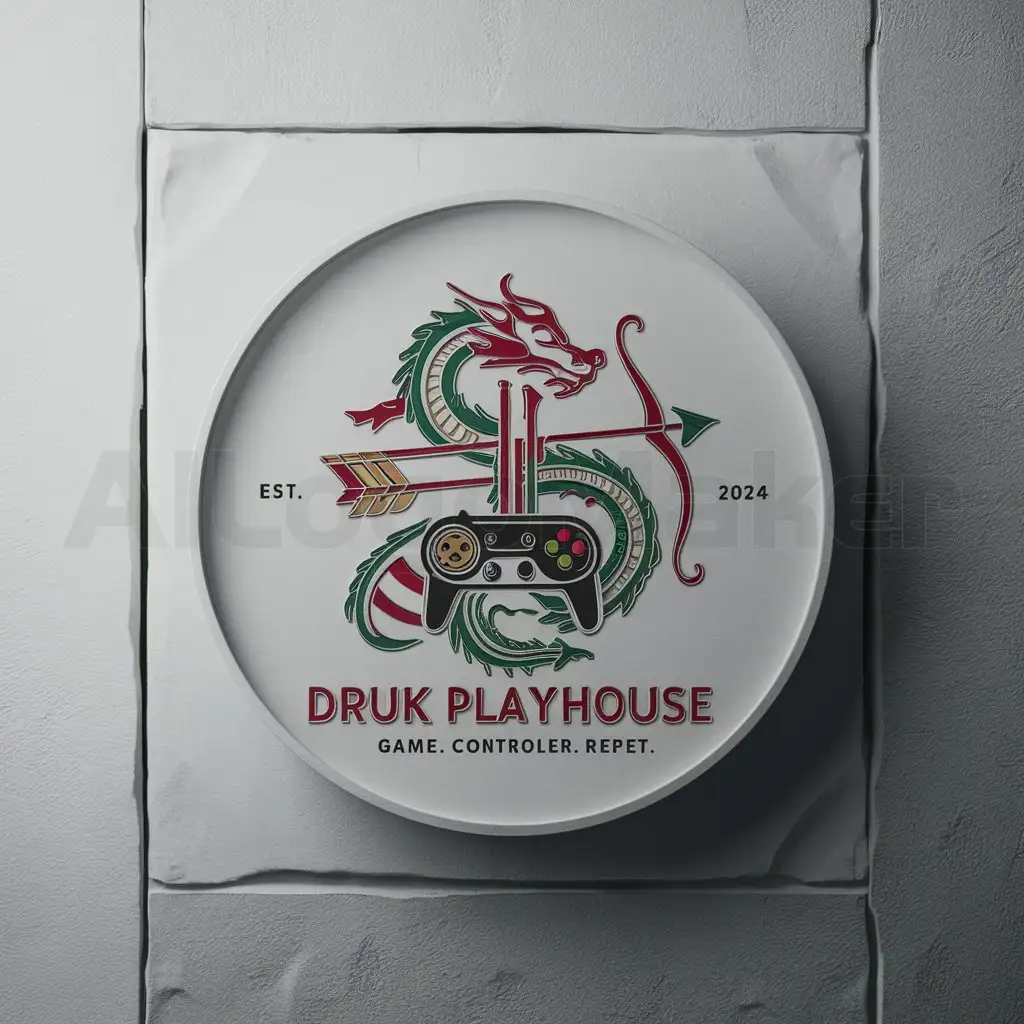 a logo design,with the text 'Druk Playhouse', main symbol:Plain white background. the whole design should be in a circle. add a gaming controller A stylized dragon intertwined with a traditional Bhutanese bow and arrow, symbolizing archery. Elements of Khuru (traditional Bhutanese dart game) subtly integrated into the dragon’s design. Colors: A combination of vibrant red, green, and gold to represent Bhutanese culture and the vibrancy of games.,complex,be used in Entertainment industry,clear background. Add the text ' Est. in 2024' at the end of the design and also 'Game. Conquer. Repeat.' at the top