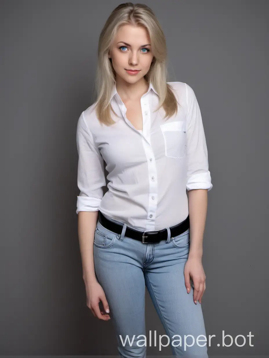 Young woman 29 years old, ash blonde hair, blue eyes, angelic face, medium breasts, slim figure, Wearing a white shirt and jeans with gray sneakers