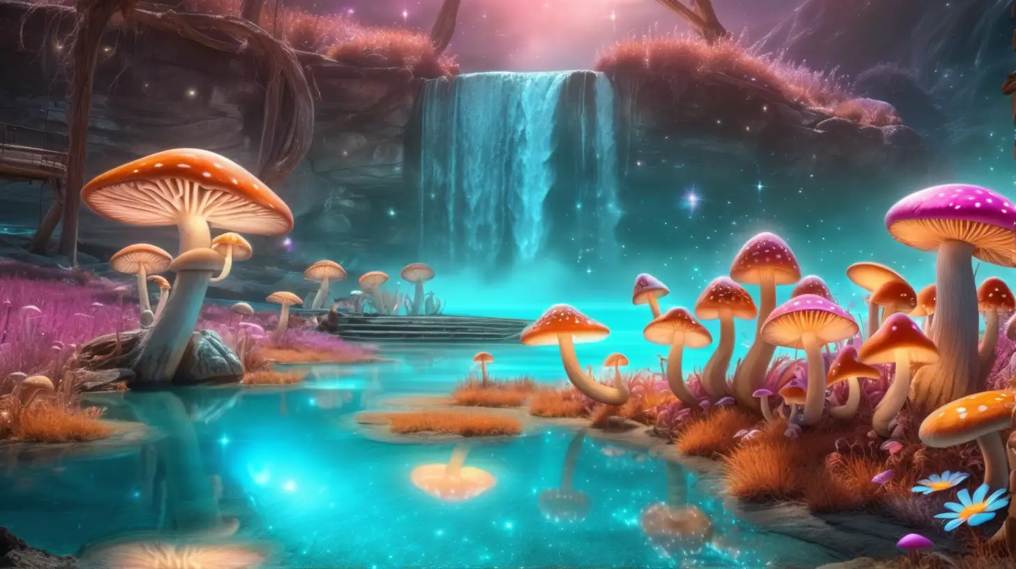 florescent fairytale Orange and Pink and magenta mushrooms in the daytime golden dust and a magical turquoise glowing lake and waterfall of luminescent flowers, planets and galaxies and vintage lantern
