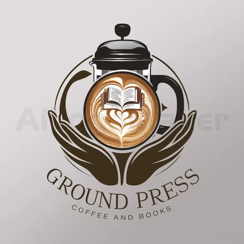 a logo design,with the text "Ground Press Coffee and Books", main symbol:Round logo structure with central elements: a French Press or a cup of coffee with latte art incorporating elements like open books and hearts into the latte art. Abstract open hands: hands holding the coffee cup or the French press, emphasizing a welcoming, nurturing vibe.,Moderate,clear background