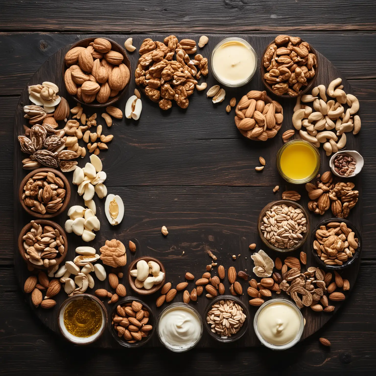 appetizing, attractive arrangement on dark wooden table. foods to include: oil, mayonnaise, walnuts, sunflower seeds, almonds, cashew nuts