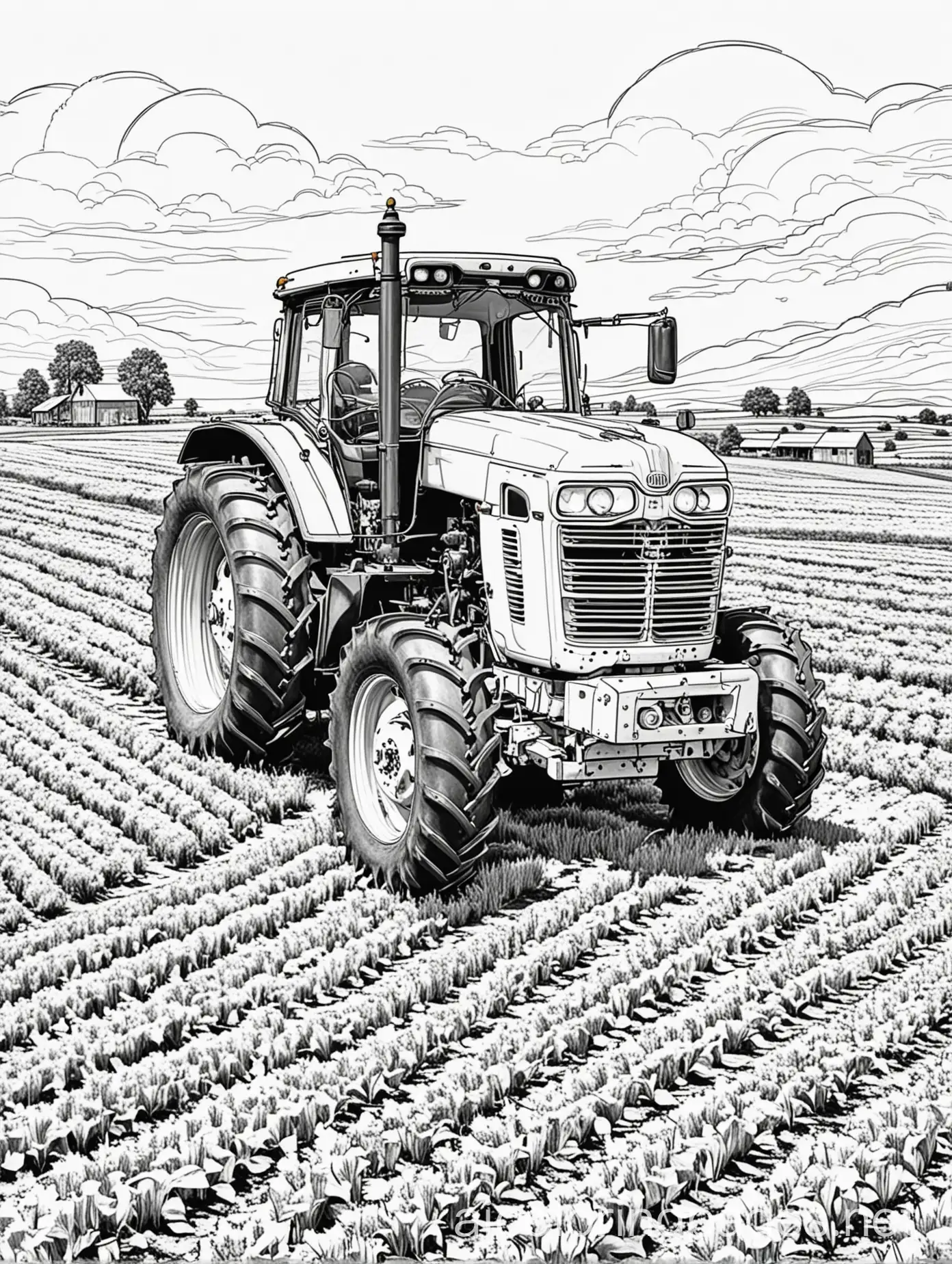 Coloring pages, tractor in the field on a farm with crops, bold coloring lines, Coloring Page, black and white, line art, white background, Simplicity, Ample White Space