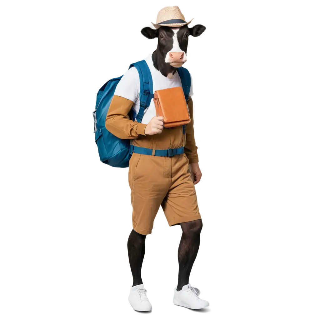 cow in a hat with a rucksack going on holiday, photo, full height
