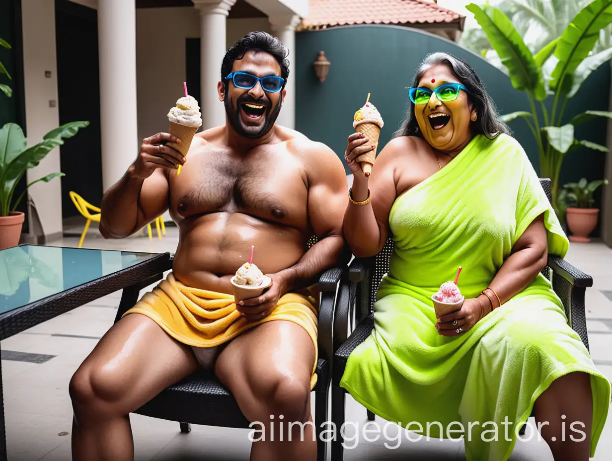 A 23 years Indian muscular man is sitting with a 43 years Indian mature fat woman with make up and wearing power spectacles. Both are wearing wet neon golden towel and sitting on two luxurious chairs. Luxurious foods and drinks are served on a table they are sitting face to face and they are happy and laughing. There are eating ice cream and a big dog is near them. They are in a big banana garden court yard.