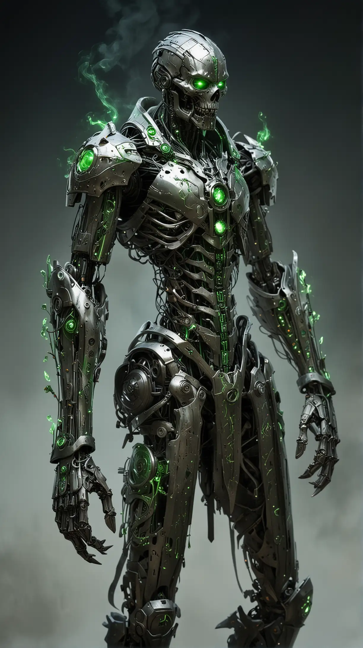 2 meters tall, thin, robotic broad shoulders because of his expanded firebox, metallic hands and claws (as opposed to bone like some iron liches), and glowing green arcane magical runes floating around his hand