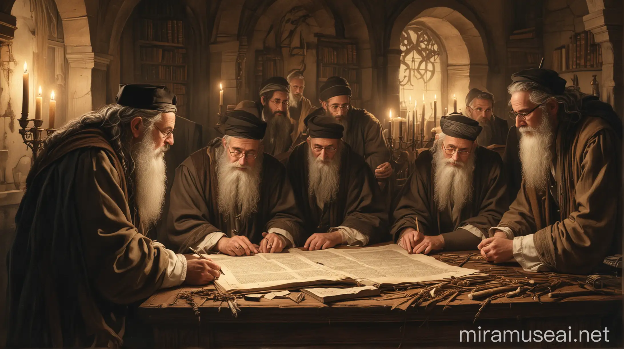 Jewish Scholars Studying Scrolls in Candlelit Room