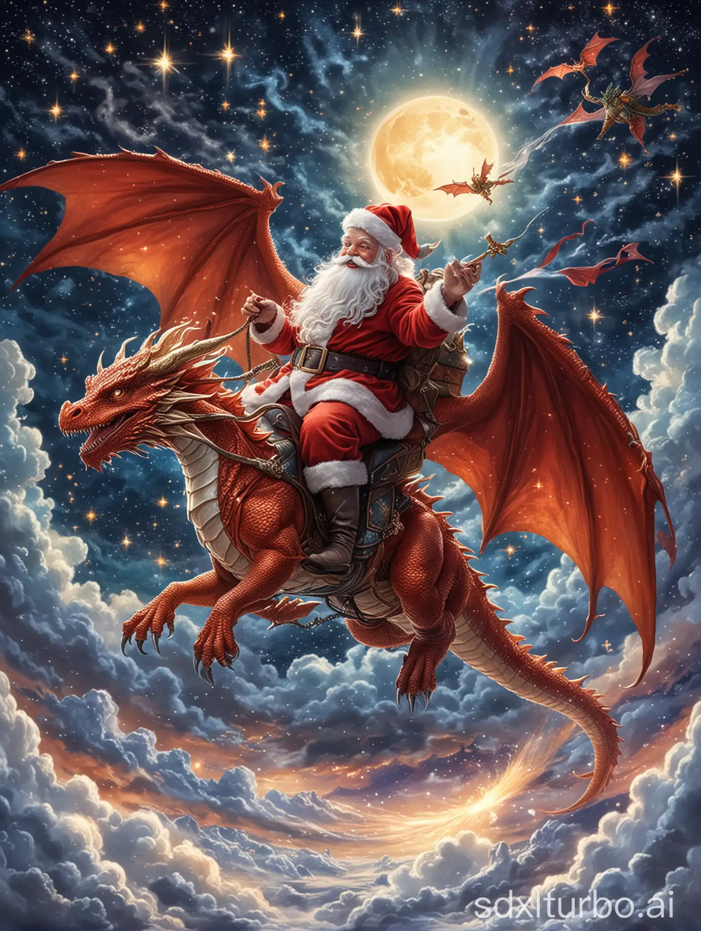 Santa, wie er auf einem glitzernden Flugdrachen reitet, der ihn hoch in den Nachthimmel trägt, wo die Sterne seine einzigen Begleiter sind.
