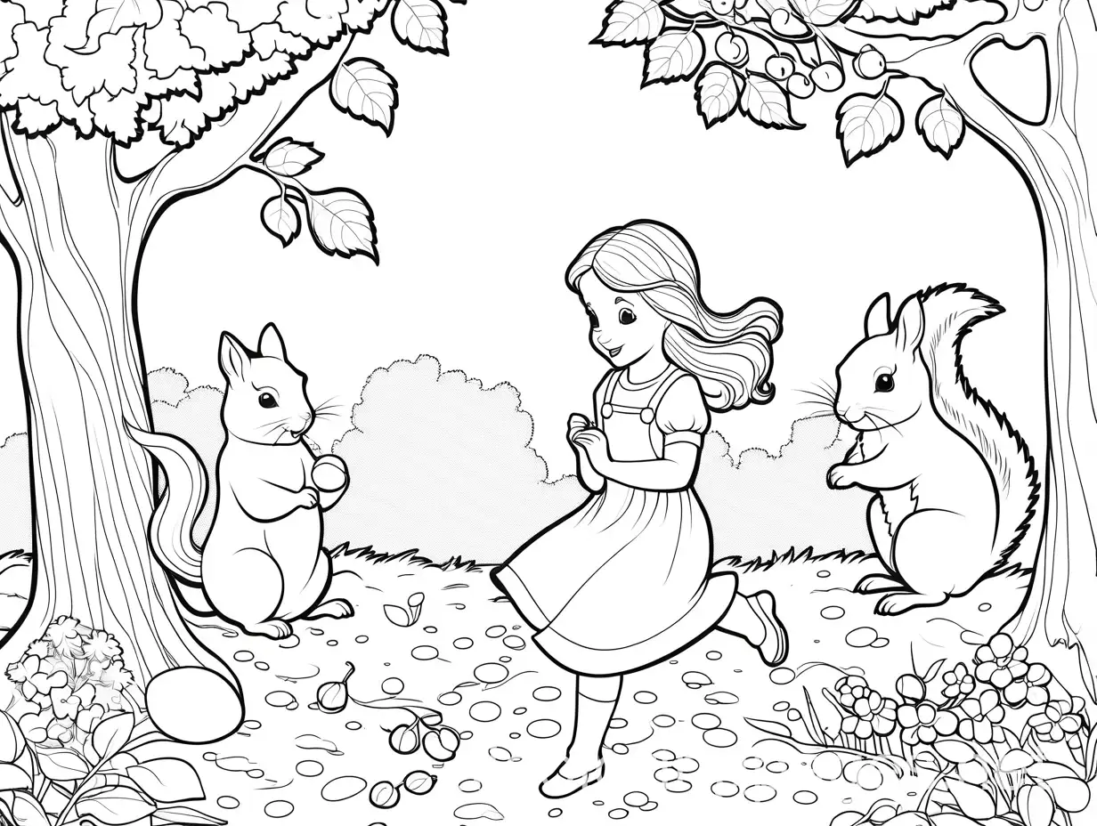 Create a black and white line drawing suitable for a coloring page. The image should depict a young girl with a cheerful expression, playing with squirrels near a large, leafy tree. The girl should be in a playful pose, perhaps reaching out to one of the squirrels. The tree should be tall with many branches and leaves, and a few squirrels should be seen climbing the tree and gathering acorns on the ground. The scene should include some grass and small flowers around the base of the tree to add detail. The drawing should be clear and simple, with distinct outlines that are easy to color within., Coloring Page, black and white, line art, white background, Simplicity, Ample White Space. The background of the coloring page is plain white to make it easy for young children to color within the lines. The outlines of all the subjects are easy to distinguish, making it simple for kids to color without too much difficulty