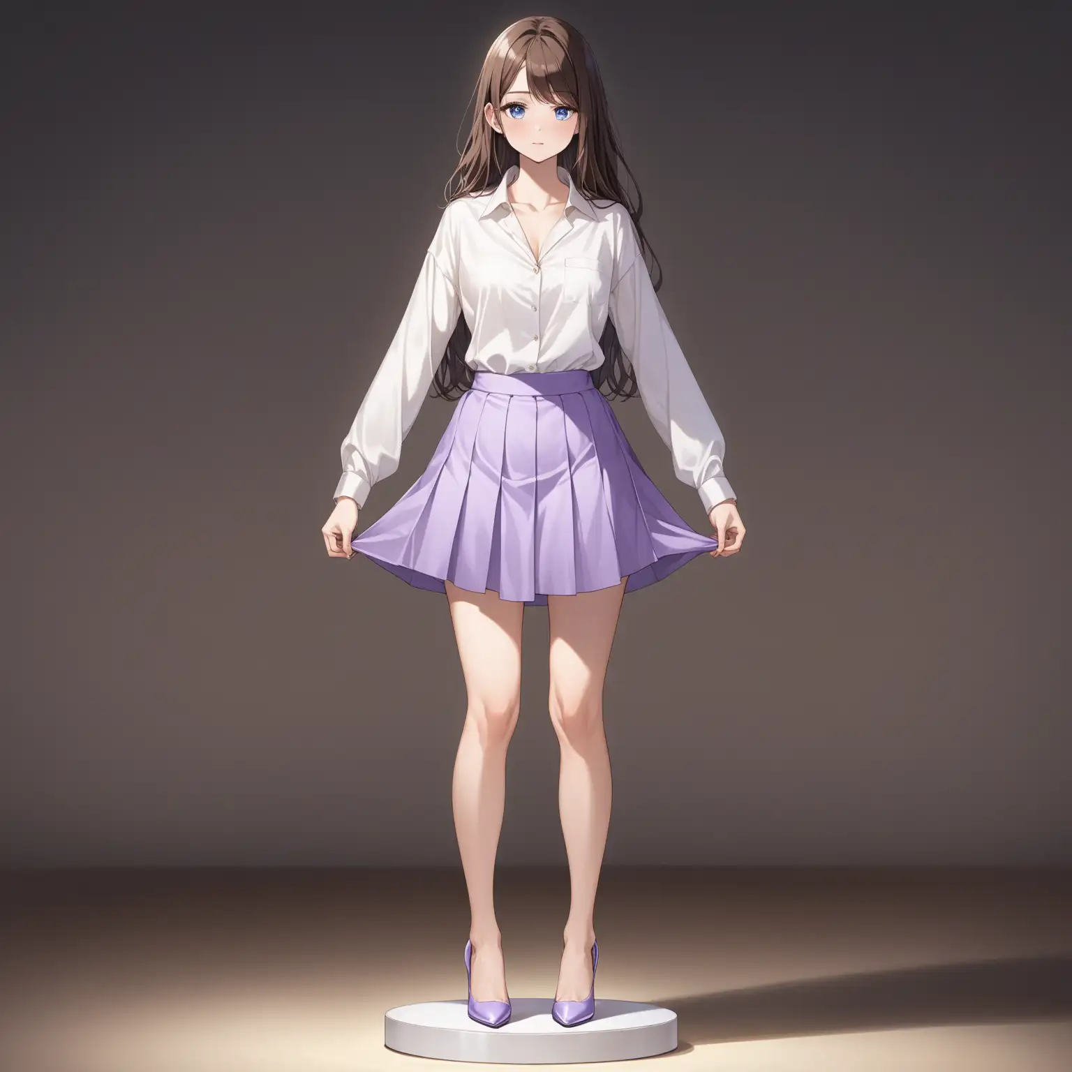 Dynamic view from the front, full body, in a room with dimmed light, a woman standing on a pedestal in the middle of the room, arms against the body, a young woman of 19 years old, measuring 170 cm and weighing 50 kg, blue eyes, long wavy brown hair with an asymmetrical fringe, D-cup breasts, petrified gaze with an expression of ecstasy, ivory satin shirt with very very low-cut long sleeves and micro lavender linen skirt and lavender heels