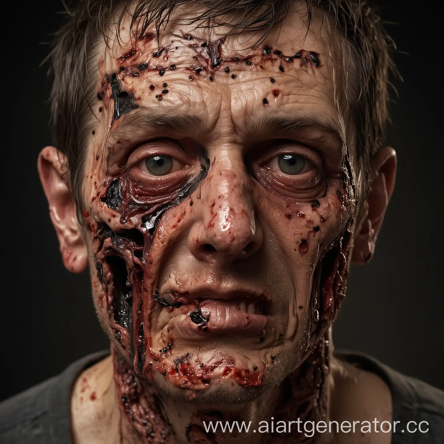 ZombieLike-Man-with-Disfigured-Face-Covered-in-Blisters-and-Burns