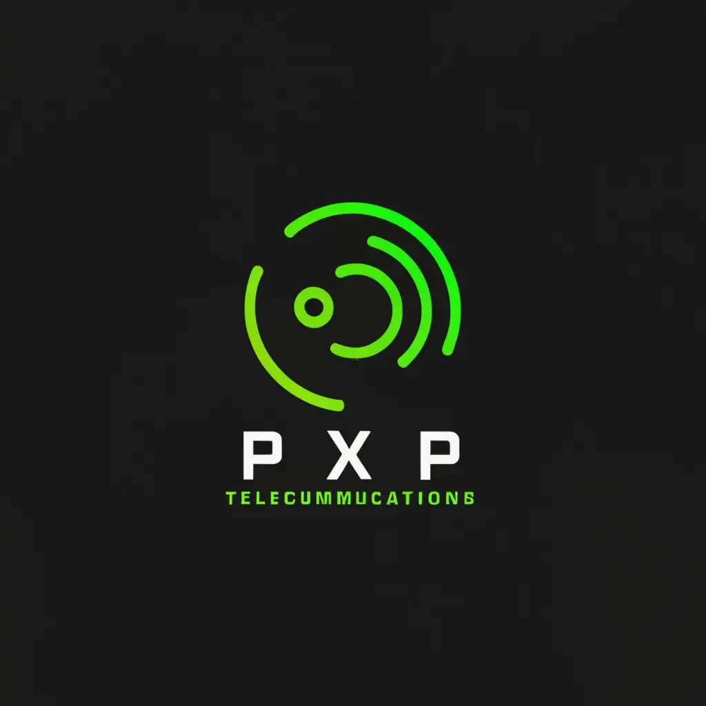 a logo design,with the text "P.X.P. Telecommunications", main symbol:LOGOTIPO OF BLACK BACKGROUND WITH A CIRCLE OF MEDIUM ELECTRIC GREEN COLOR DEGRADED AT THE END WITH LINES BORDERING ITS EXTERIOR ENVIRONMENT AS IF THEY WERE INCOMPLETE RINGS WITH A NEON GREEN TONE COMING OUT OF ITS BACK TRYING TO BORDER UP TO THE FRONT FACE,Moderate,be used in Internet industry,clear background
