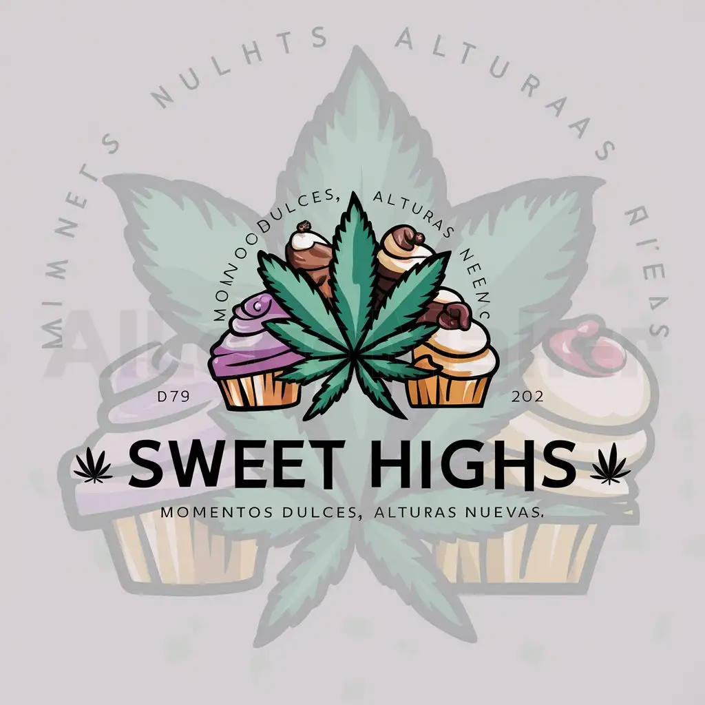 a logo design,with the text "sweet highs.slogan:momentosdulces,alturasnuevas", main symbol:yerba de marihuana, postres and brownies,Moderate,be used in reposteria industry,clear background