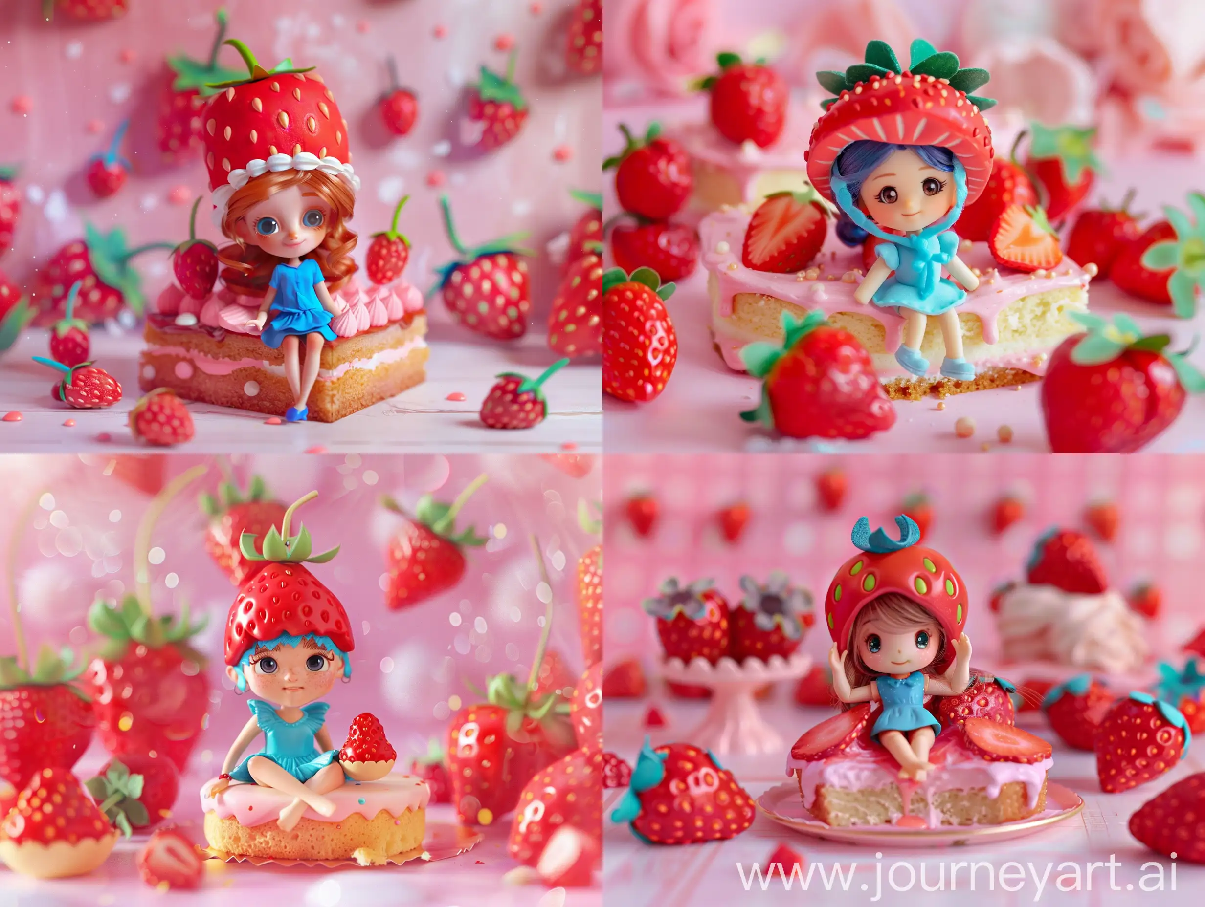 Girl, she has a strawberry-shaped hat on her head, wears blue, she sits on a piece of cake. Background pink and with strawberries