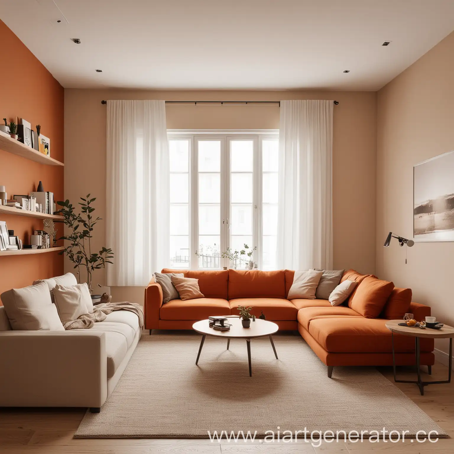 Комната с мебелью в минималистичном стиле, цвета тёплые, с преобладанием тёплых оттенков