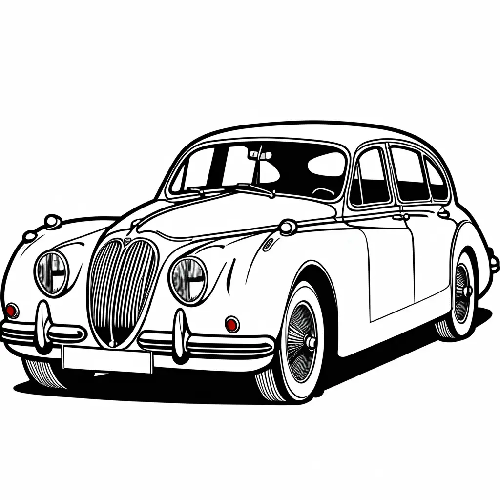 the oldest SS Jaguar 2.5 Litre Saloon coloring page, Coloring Page, black and white, line art, white background, Simplicity, Ample White Space. The background of the coloring page is plain white to make it easy for young children to color within the lines. The outlines of all the subjects are easy to distinguish, making it simple for kids to color without too much difficulty