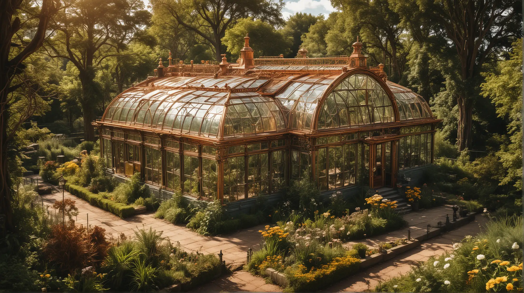 a steampunk glasshouse in an old park with big trees, bushes and flowers, copper, gold, glass, sunny, bird's eye view