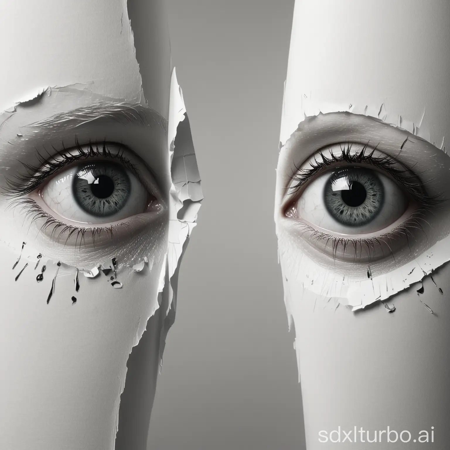 a tearing sheet of paper. 2 eyes, one human e another robotic eye, side by side, a robotic eye, would appear in that tear