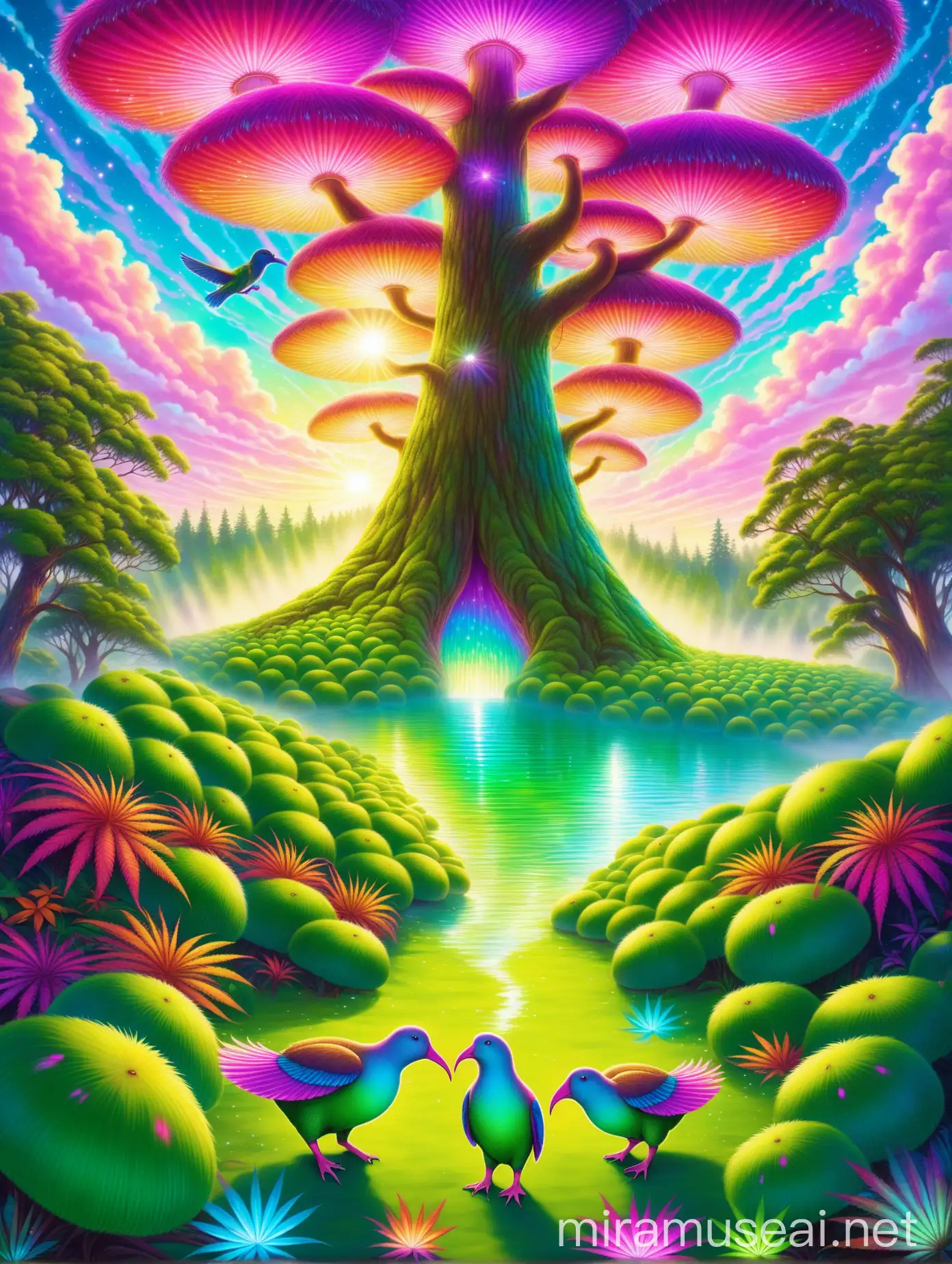 An enchanted forest in New Zealand, colourful kiwi birds with fur of pink and light green, , and fluffy platypusses, and giant trees, in great detail please. Realistic, early morning, A Psychedelic exotic female goddess in a field of cannabis, trippy, vibrant colors, sunshine, water, trees, cool clouds