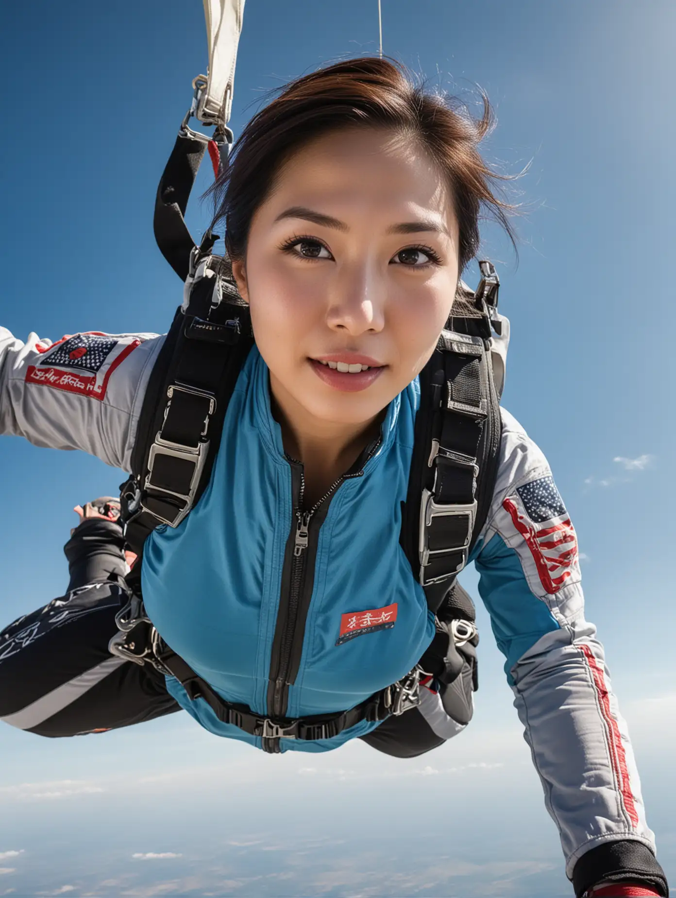A 34-year-old Asian beauty model, extreme skydiving, blue sky without clouds, professional skydiving posture, facing the camera, exquisite facial features, professional photography