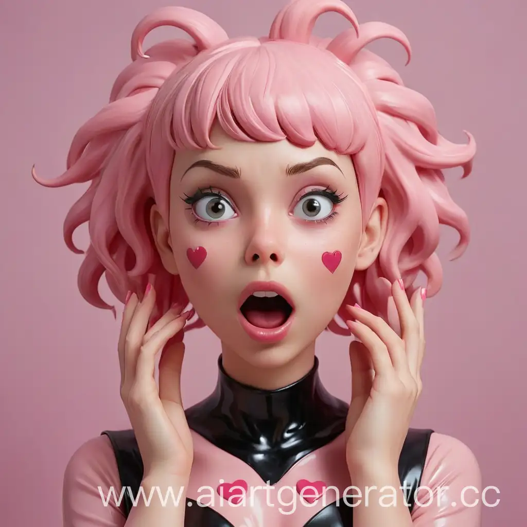 Latex girl with latex skin, pink rubber hair, black latex face with pink hearts on cheeks, surprised expression, holding face with hands