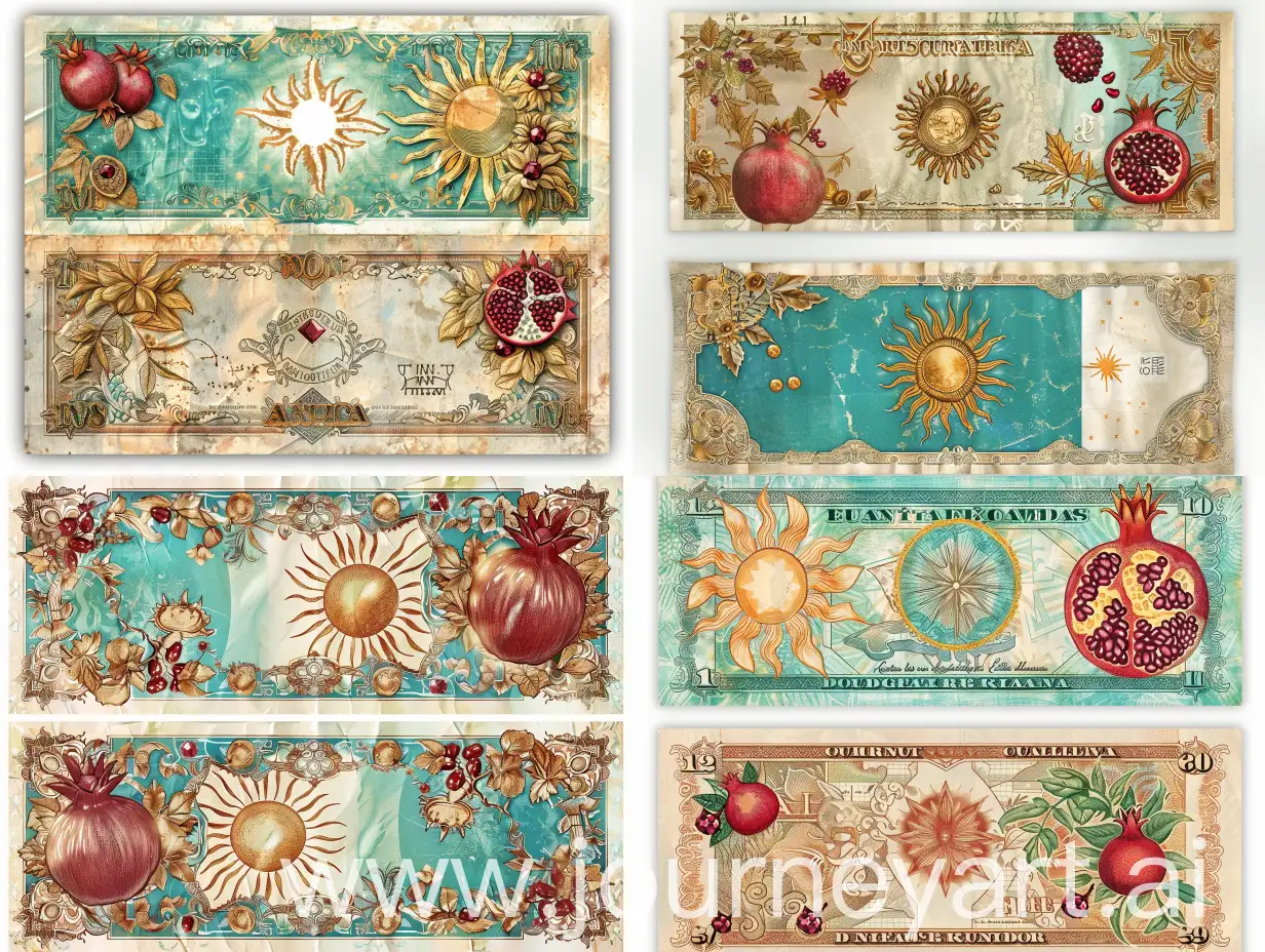 Solar-Country-Banknote-with-Pomegranates-and-Rubies-Turquoise-Blue-White-and-Gold-Flag