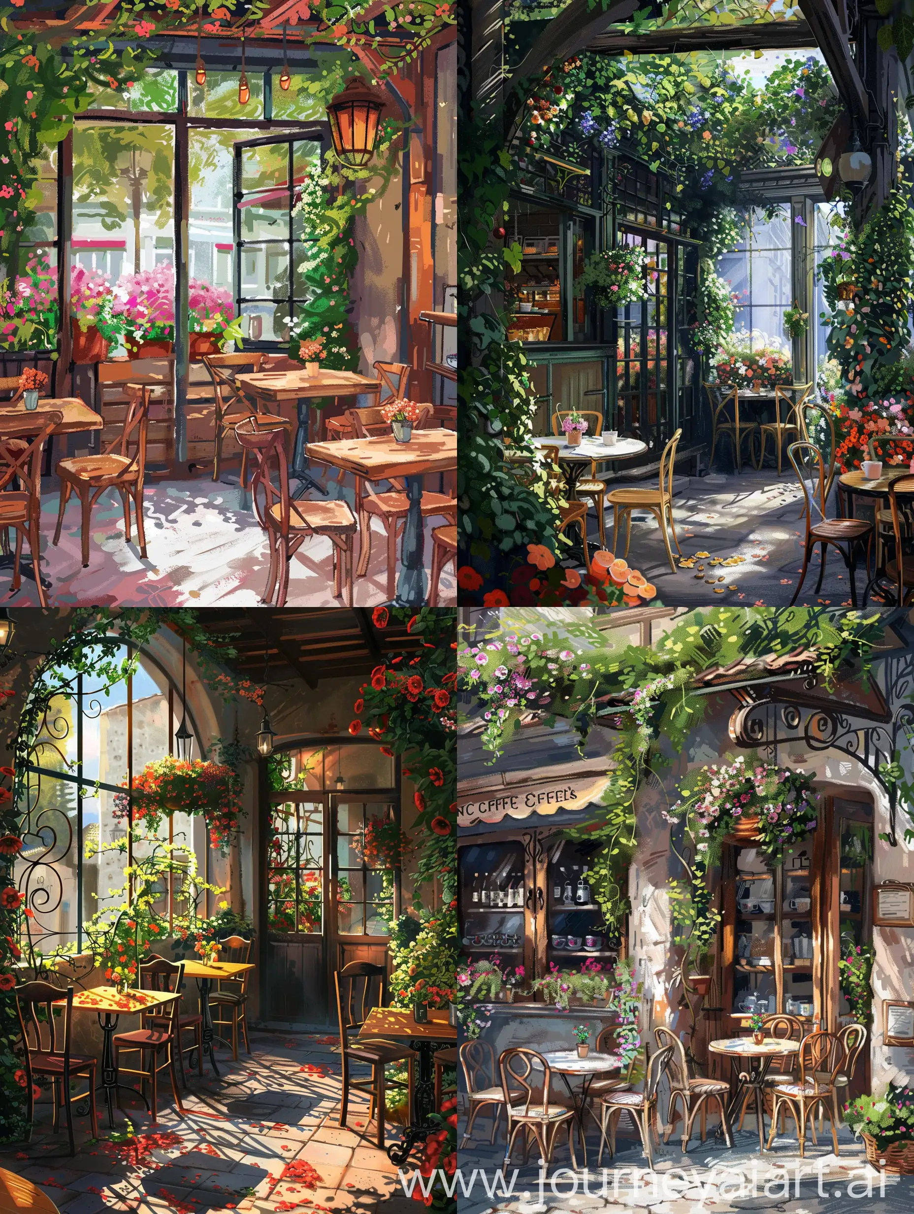 Digital painting of a coffee shop,outside view, tables flowers,vines