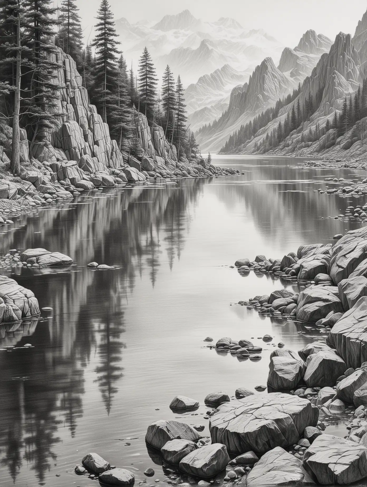 Реалистичный рисунок в стиле карандашной графики озеро со скалистыми берегами