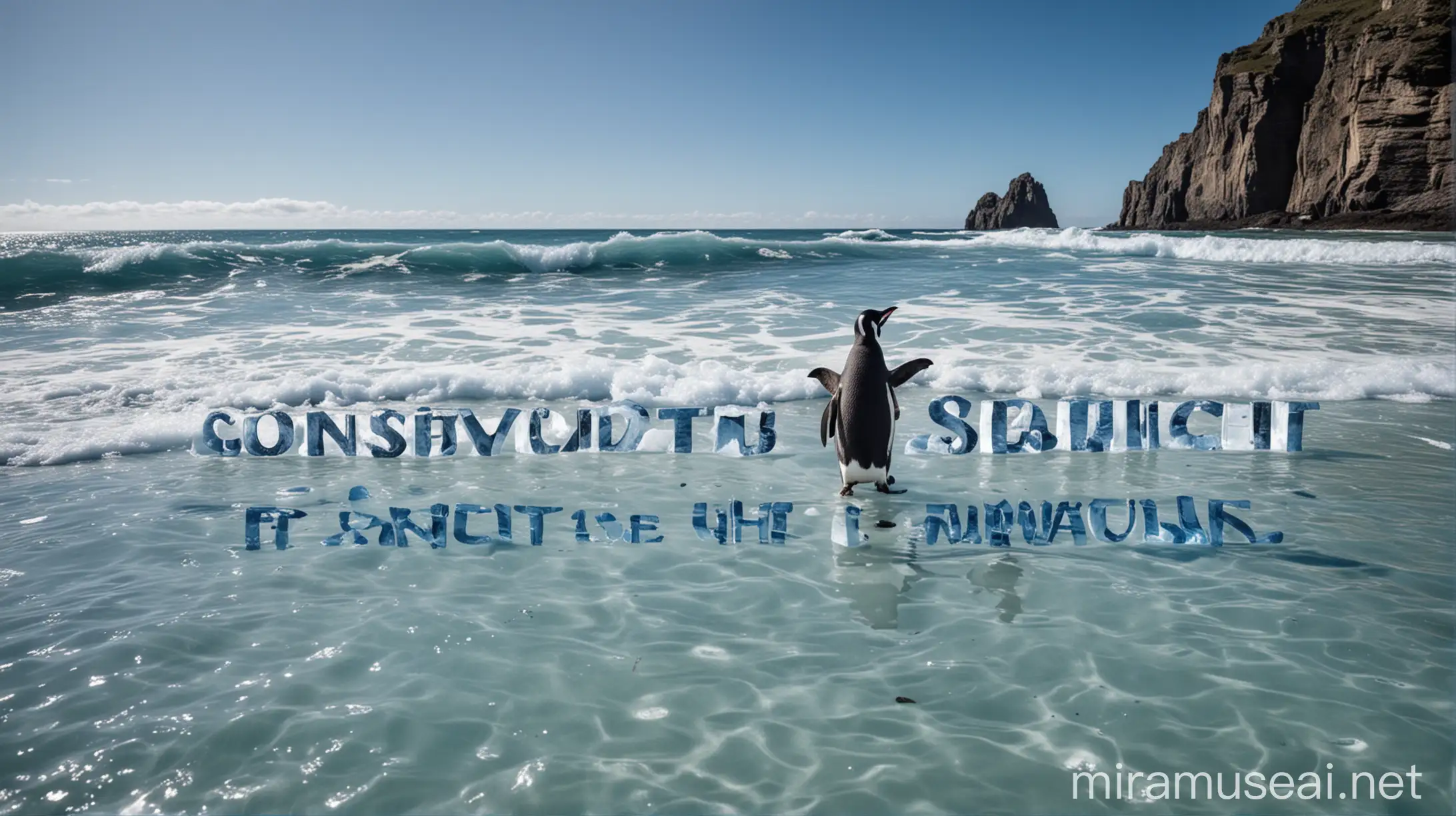 A penguin is playing at the edge of an unpolluted blue ocean, and behind them is a conservation slogan made of ice-sculptured Chinese characters 'protect the ocean, penguins have responsibility'.