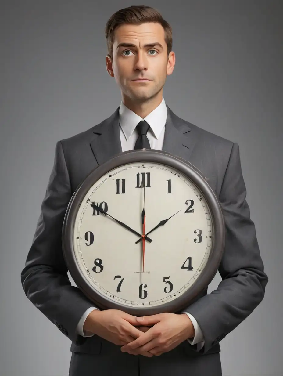 man in suit holding a big clock