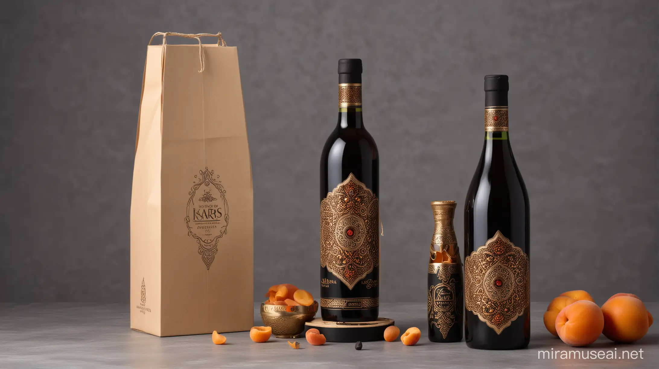5th century Royal Armenian Apricot Wine called "KARS" modern wine bottle and box with luxurious packaging, modern and exclusive style Armenian stones and ornamentation