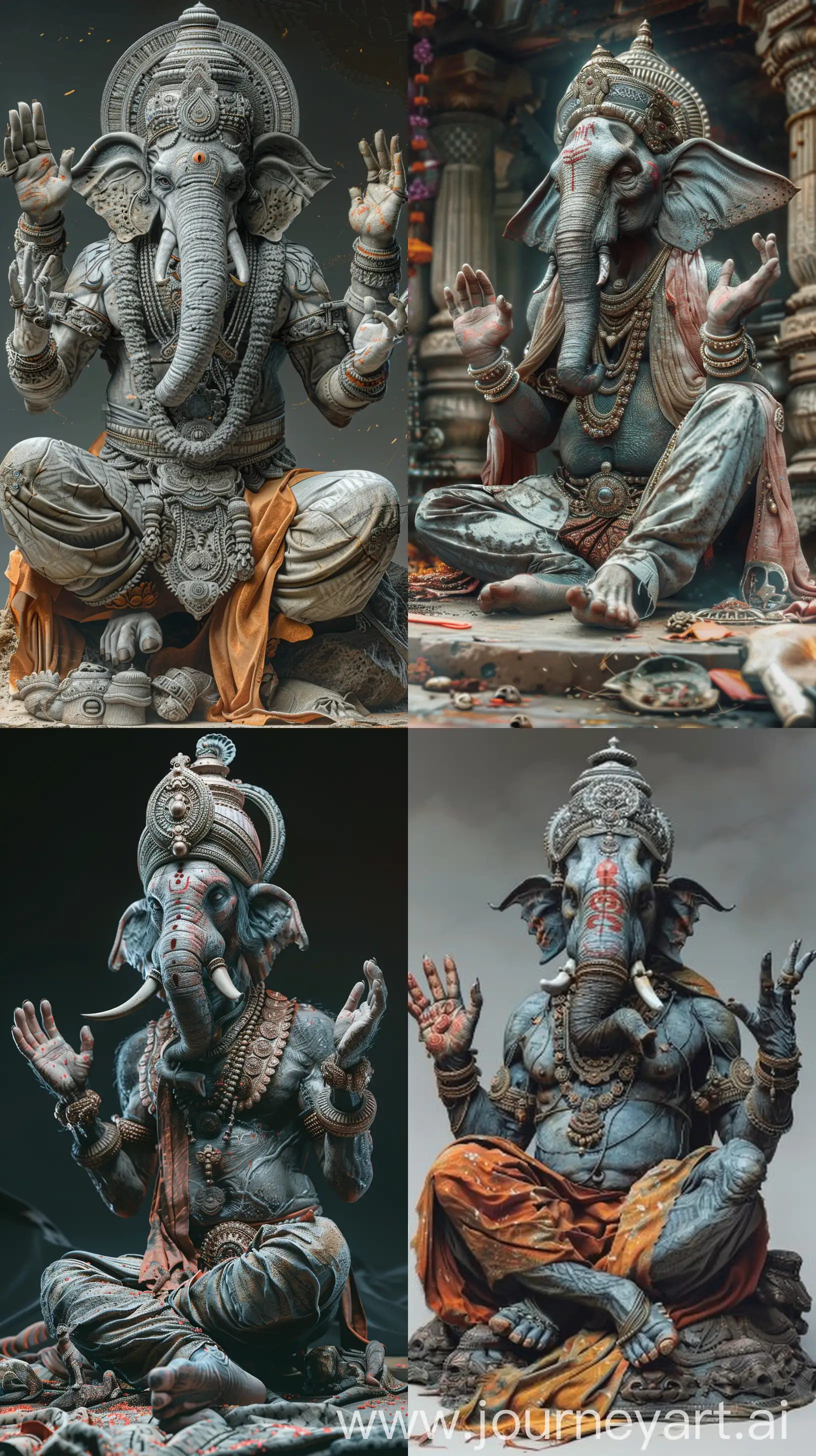 Hyper realistic image of an Indian demon with elephant head, seated on the ground, seen as if he's praising someone and talking, hand gestures, intricate details, high resolution image --s 200 --ar 9:16 --v 6