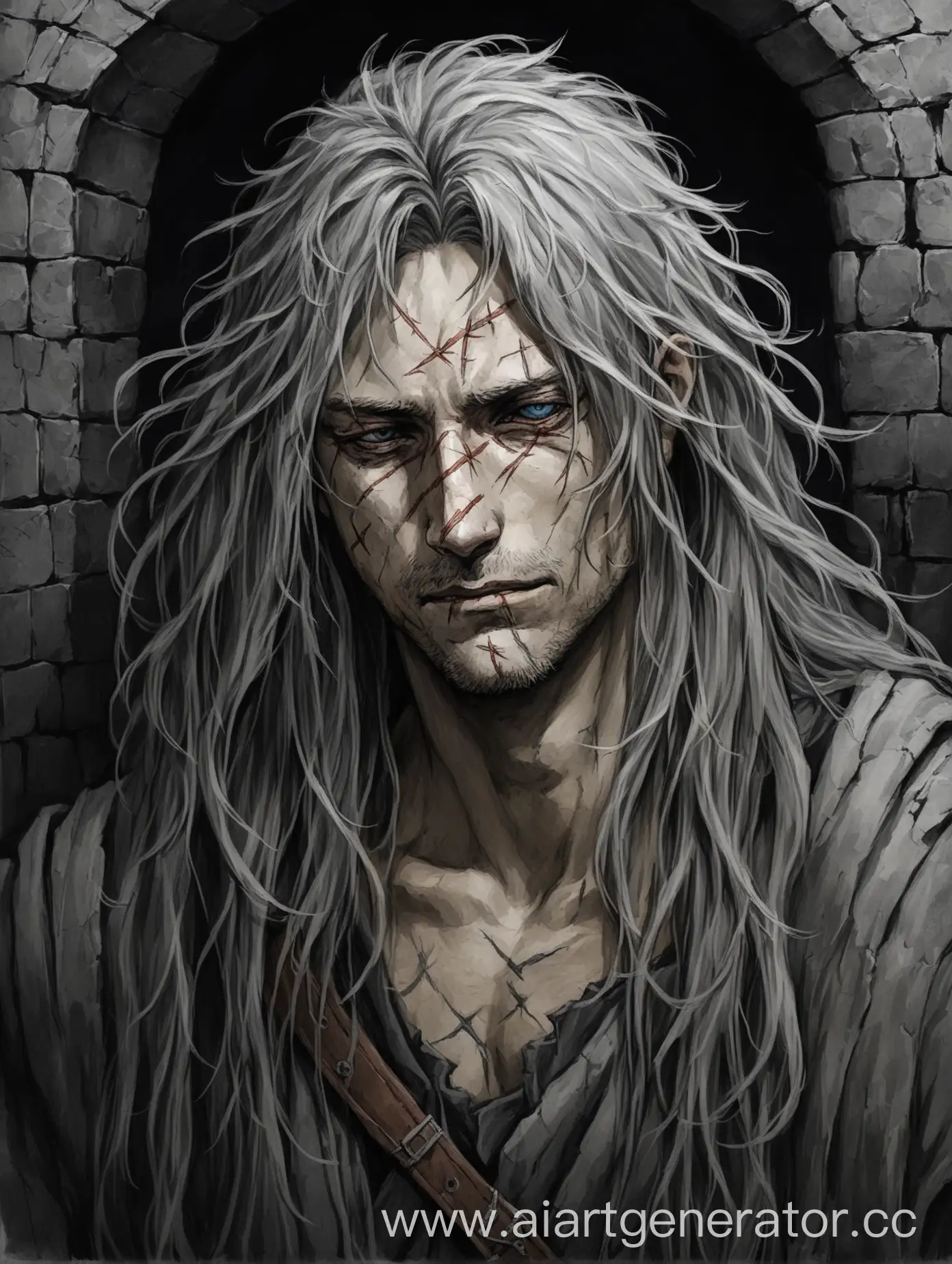 Traveler-in-Dungeon-with-Gray-Disheveled-Hair-and-Scars