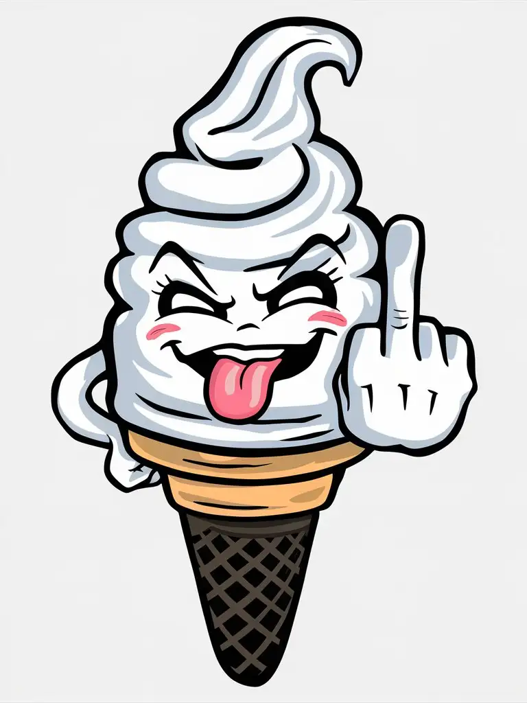 anthropomorphic cartoon soft serve ice cream cone with tongue sticking out, cartoon hands with middle finger, black rubber cone