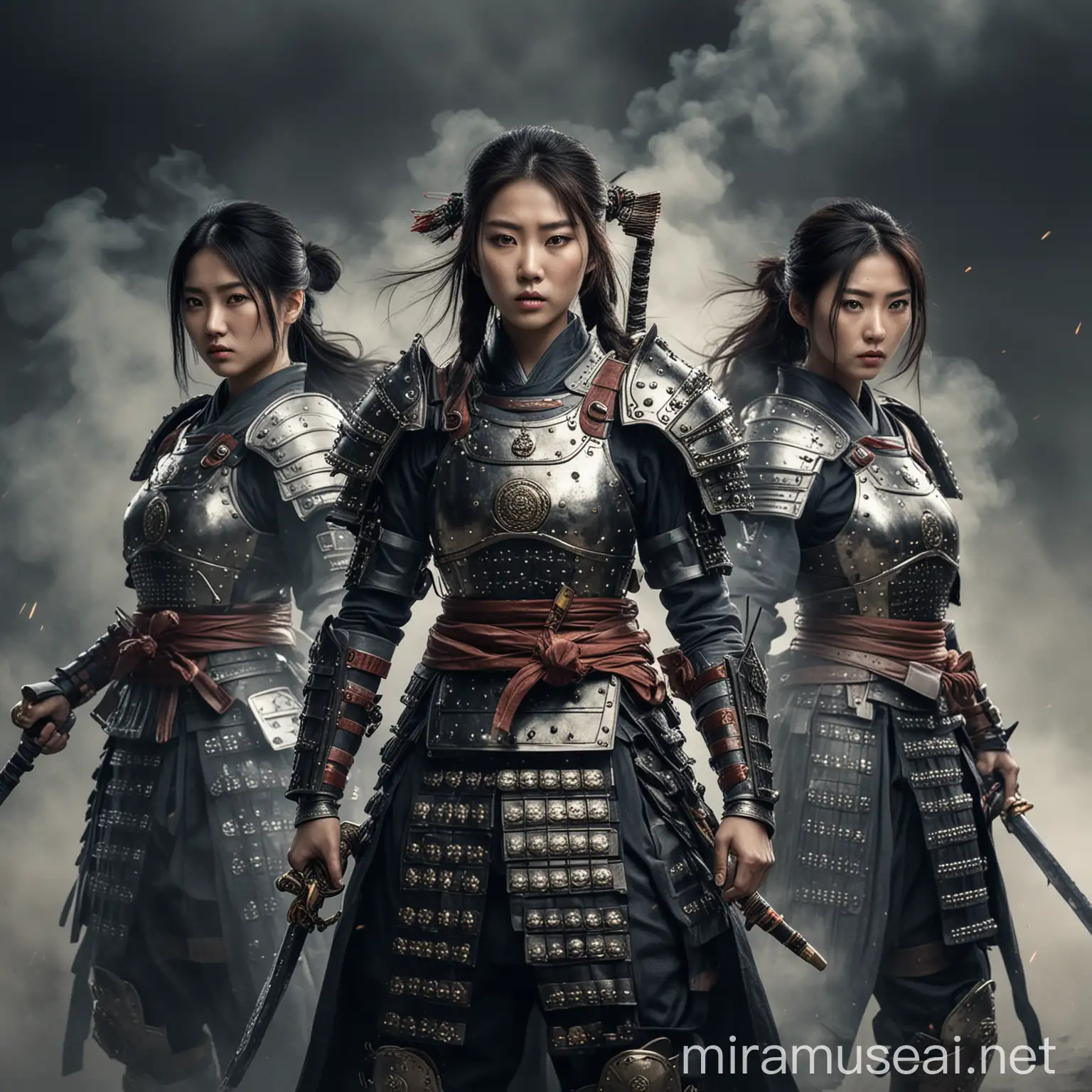 
Tiga wanita Korea cantik memakai baju zirah,memegang samurai sedang berdiri berpose menghadap ke arah kamera efek asap,kabut dan debu, background Medan pertempuran awan hitam dan petir menyala,realistis ultra HDR extreme original face, pastikan gambar sempurna 