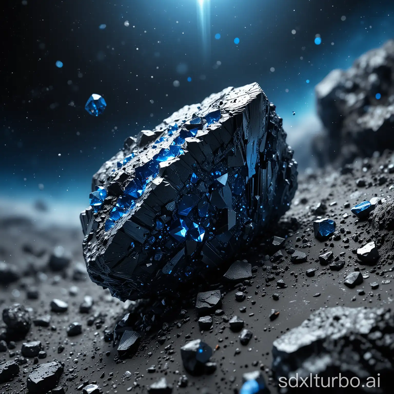 an ultra HD photo from an extremely detailed asteroid with dark blue crystals on the surface, negative prompt: out of focus, depth of field, lens blur