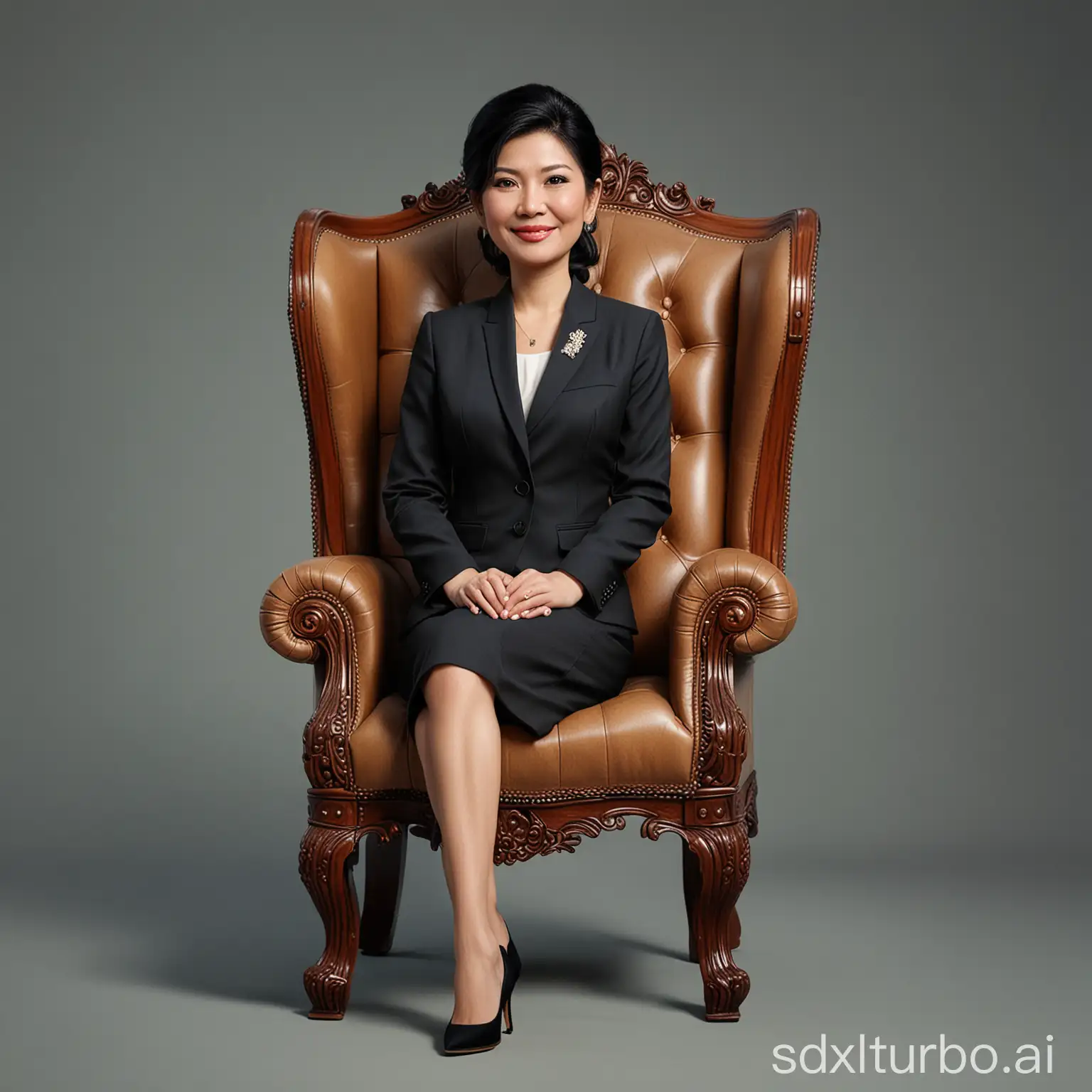  Create a 3D Realistic Caricature style full body of Yingluck Shinawatra, a 45-year-old woman, with an oversized head. She is depicted sitting comfortably in a classic black wooden wingback chair with visible wood texture. She is dressed in the attire of the Thai prime minister. Her right leg is positioned near her left leg, and she holds the baton of the Thai prime minister in her right hand. Her left hand rests on the edge of the chair. The background should contrast with the color of the chair and clothing to enhance the overall composition of the picture. Utilize soft photographic lighting with a dramatic overhead lighting effect, very high image quality, clear character details, UHD, 16k.